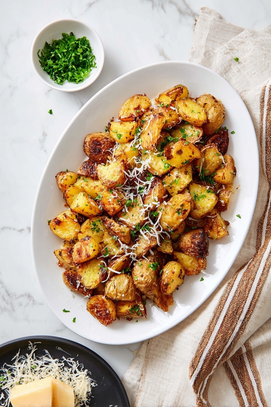 A white oval plate filled with golden roasted potato pieces that have a crispy brown outer layer and soft yellow inside, scattered green chopped herbs on top, and thin white shreds of cheese sprinkled across the potatoes. Above and beside the plate, a small white bowl holds more chopped green herbs, while a black round dish below shows a block of hard cheese with shredded pieces around it. The whole scene is set on a white marbled surface with a beige and brown striped cloth partially visible on the right. photo taken with an iphone --ar 2:3 --v 7 - Garlic Rosemary Roast Potatoes, crispy roast potatoes, herby garlic roast potatoes, easy side dish recipes, flavorful roast potatoes