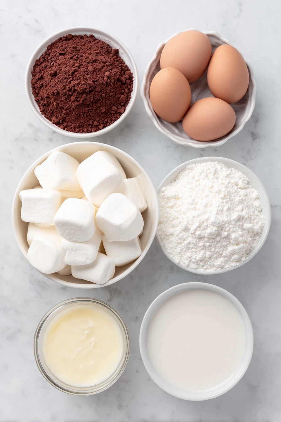 Flat lay of a small white ceramic bowl of unsweetened cocoa powder, a small white ceramic bowl of smooth sweetened condensed milk, a white ceramic bowl filled with large fluffy marshmallows, four whole uncracked brown eggs, a simple white ceramic bowl holding fresh whole milk, all arranged with perfect symmetry and balanced proportions, placed on a clean white marble surface, soft natural light, photo taken with an iPhone, professional food photography style, fresh ingredients, white ceramic bowls, no bottles, no duplicates, no utensils, no packaging --ar 2:3 --v 7 --p m7354615311229779997 - Creamy Hot Chocolate with Marshmallows, cozy hot chocolate recipe, rich hot chocolate drink, easy hot chocolate with marshmallows, velvety hot chocolate