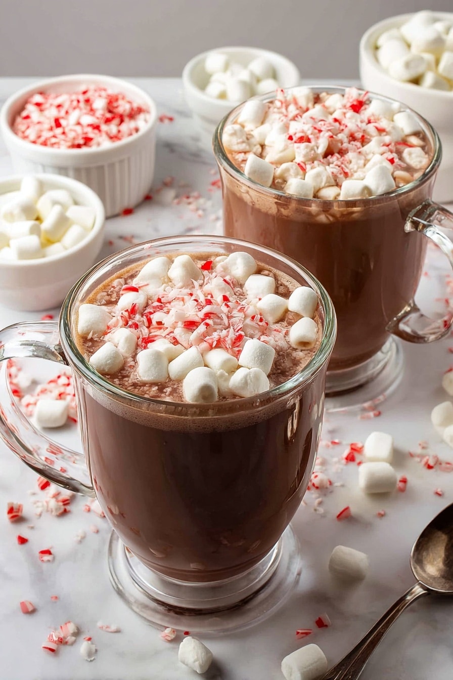 Two clear glass mugs filled with rich brown hot chocolate, each topped with a thick layer of small white marshmallows and crushed red and white peppermint pieces. The mugs have clear handles and are placed on a white marbled surface scattered with small marshmallows and crushed peppermint bits. In the background, a small white ramekin holds more peppermint pieces, and another white ramekin contains marshmallows. A silver spoon lies near the front on the right side. The overall setting is bright with soft lighting highlighting the smooth texture of the hot chocolate and the fluffy marshmallows. photo taken with an iphone --ar 2:3 --v 7 - Creamy Hot Chocolate with Marshmallows, cozy hot chocolate recipe, rich hot chocolate drink, easy hot chocolate with marshmallows, velvety hot chocolate