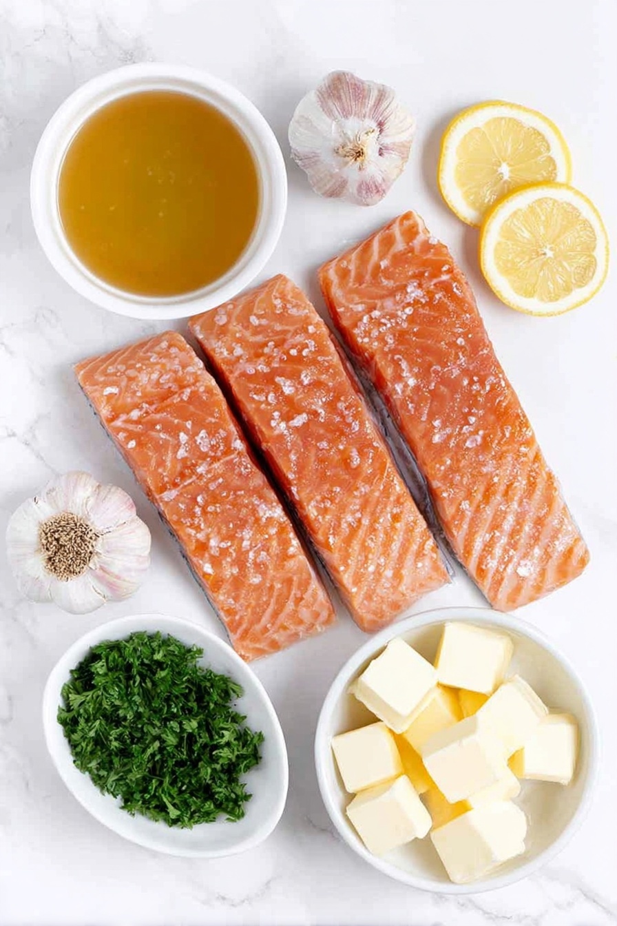 Flat lay of four fresh, pink salmon fillets, two whole brown garlic cloves, a small white bowl with golden olive oil, a small white bowl filled with clear chicken broth, a small white bowl containing bright yellow fresh lemon juice, several cubes of creamy unsalted butter arranged neatly, a small white bowl holding golden honey, a small bunch of vibrant green minced fresh parsley, and a few thin, fresh lemon slices all placed on a clean white marble surface, soft natural light, photo taken with an iPhone, professional food photography style, fresh ingredients, white ceramic bowls, no bottles, no duplicates, no utensils, no packaging --ar 2:3 --v 7 --p m7354615311229779997 - Garlic Lemon Butter Salmon, salmon dinner recipes, quick seafood recipes, easy healthy salmon, flavorful salmon dishes