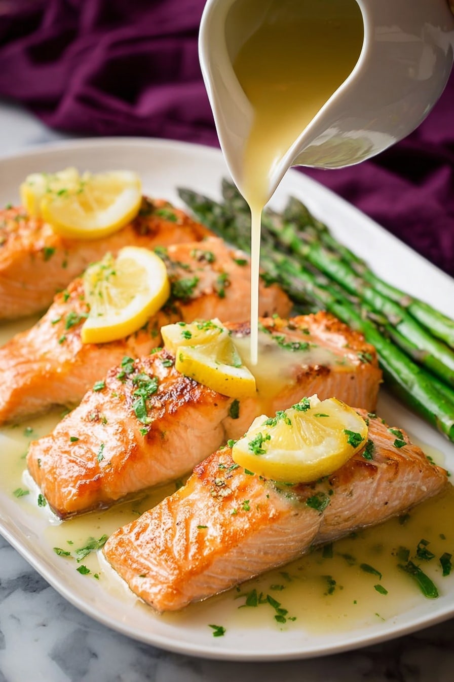 The image shows four pieces of cooked salmon with a golden-orange color and a slightly crispy texture on the top, arranged on a white plate. Each salmon piece is topped with small yellow lemon wedges and sprinkled with finely chopped green herbs. Light yellow sauce is being poured gently from a white jug over the salmon, adding a glossy shine. On the right side of the plate, a few green asparagus stalks are placed neatly. The plate sits on a white marbled surface with a blurry deep purple cloth in the background. photo taken with an iphone --ar 2:3 --v 7 - Garlic Lemon Butter Salmon, salmon dinner recipes, quick seafood recipes, easy healthy salmon, flavorful salmon dishes