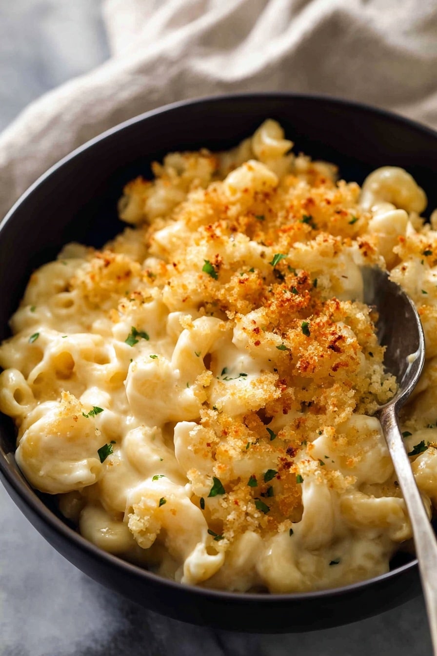 A close-up of creamy macaroni and cheese in a black bowl shows small elbow pasta covered with a smooth, light yellow cheese sauce. The top layer is golden-brown toasted breadcrumbs sprinkled with tiny green herb bits, adding texture and color contrast. A silver spoon is partly inside the bowl on the right side, sinking into the cheesy pasta. The bowl sits on a white marbled surface with a soft, light-colored cloth blurred in the background. photo taken with an iphone --ar 2:3 --v 7 - Creamy Baked Mac and Cheese, baked mac and cheese with crispy topping, cheesy baked macaroni recipe, indulgent baked mac and cheese, easy comfort food recipes