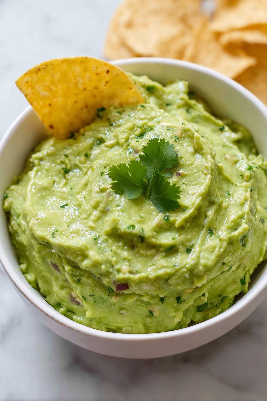 A white bowl filled with smooth, pale green guacamole that has a creamy texture and small bits of darker green herbs and red onion mixed inside. On top are three small bright green cilantro leaves for garnish. One round, lightly golden yellow tortilla chip sticks into the guacamole on the left side. The bowl sits on a white marbled surface with a few more tortilla chips blurred in the background. Photo taken with an iphone --ar 2:3 --v 7 - Easy Homemade Guacamole, quick guacamole recipe, simple guacamole dip, fresh mexican guacamole, how to make guacamole