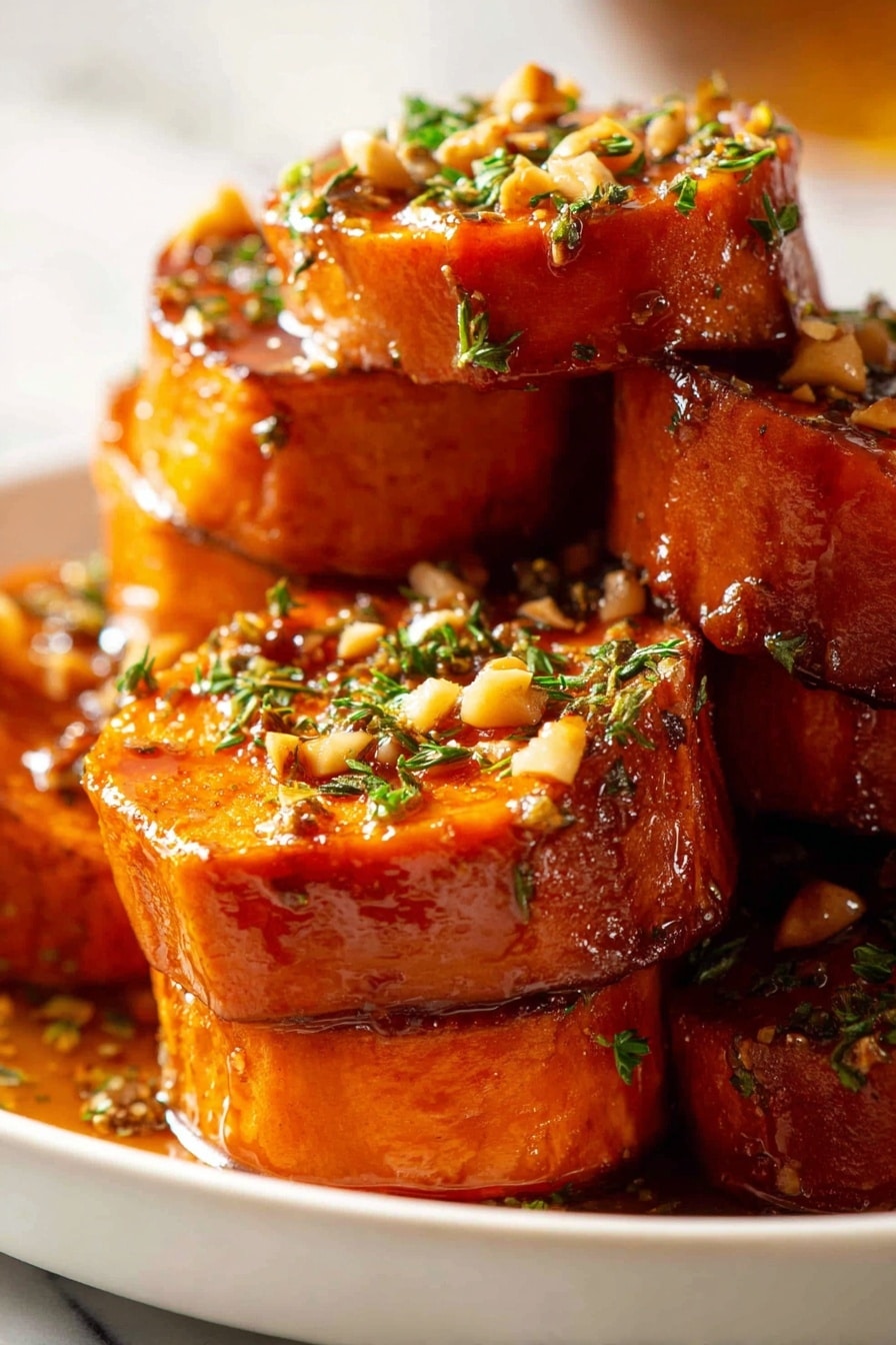 The image shows several thick, round slices of cooked sweet potato stacked on top of each other on a white plate. Each slice has a bright orange interior with a soft texture and slight caramelized edges in a deeper brown tone. The top of the stack is covered with a glossy sauce that shines in the light, and small pieces of chopped nuts and herbs are sprinkled generously over the sweet potatoes, adding a crunchy texture and green touches. The background is blurred with warm light, and the surface where the plate sits is a white marbled texture. photo taken with an iphone --ar 2:3 --v 7 - Slow-Roasted Sweet Potatoes with Maple Butter Pecan, sweet potato side dish, maple pecan sauce, roasted sweet potatoes recipe, elegant holiday vegetable
