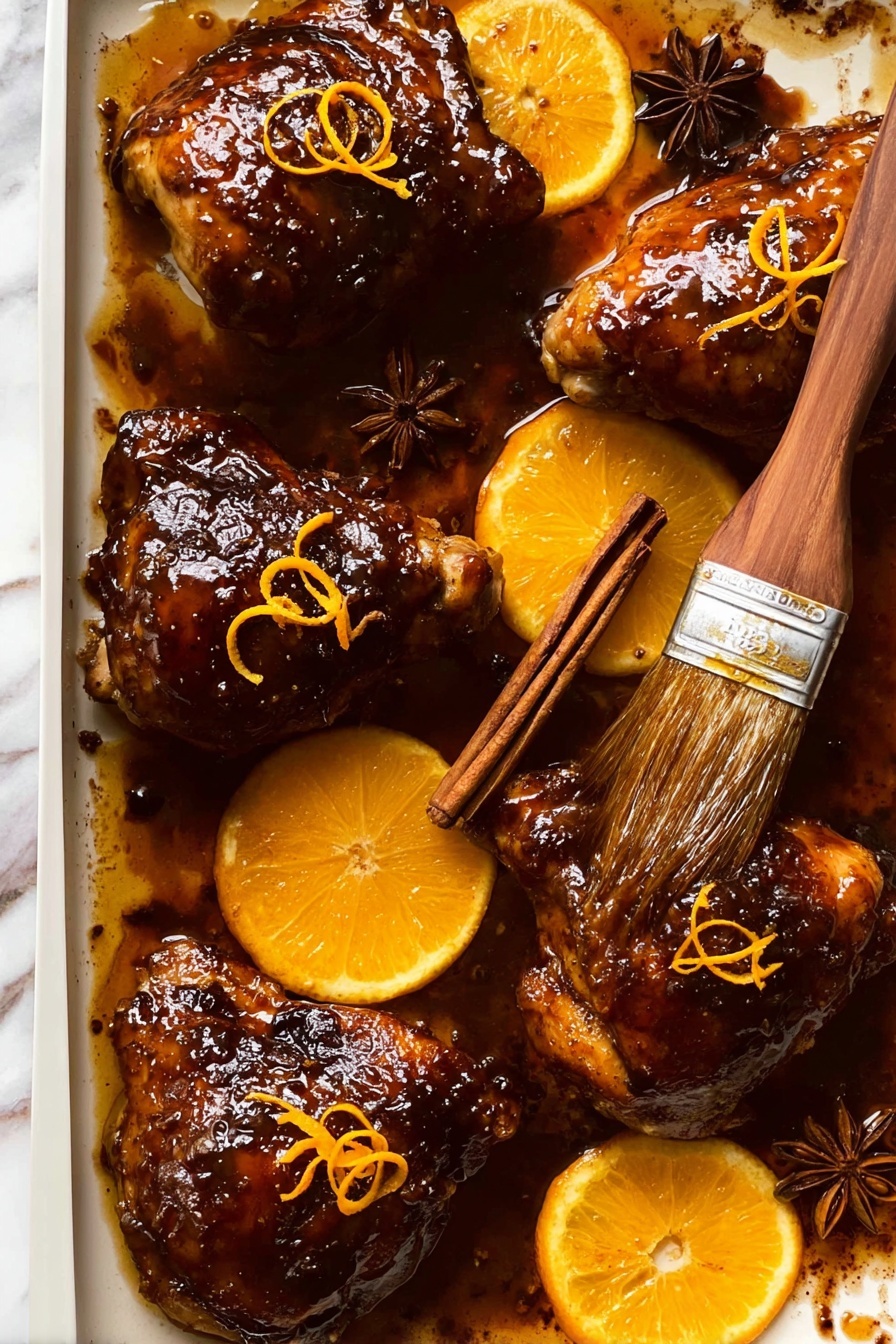 The image shows a close-up of shiny, dark brown glazed chicken thighs arranged closely together on a white marbled surface. Each piece of chicken has a glossy, sticky texture with caramelized edges. Orange slices and thin strips of orange zest are placed around and on top of the chicken pieces, adding bright pops of orange color that contrast with the deep reddish-brown of the meat. The overall look is rich and appetizing, showing a balance of smooth, sticky glaze and fresh citrus elements. photo taken with an iphone --ar 2:3 --v 7 - Sticky Orange Glazed Christmas Chicken, Christmas Chicken Recipe, Festive Holiday Chicken, Juicy Chicken with Orange Glaze, Holiday Chicken Dinner Ideas