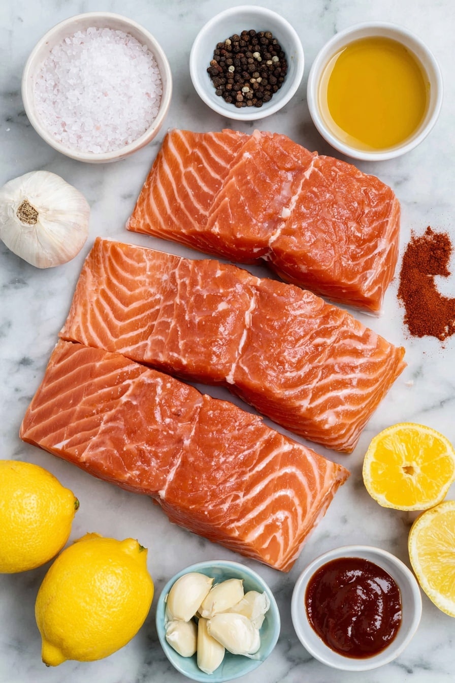 Flat lay of fresh salmon filets with vibrant pink-orange flesh, a small mound of coarse kosher salt crystals, a scattering of whole black peppercorns, a small heap of bright red smoked paprika powder, a plump knob of creamy butter, a few whole garlic cloves with papery skins removed, a small white ceramic bowl filled with golden honey, another small white bowl holding clear water, a small white bowl of dark soy sauce, a small white bowl of bright red sriracha sauce, fresh lemons halved with juicy vibrant yellow flesh and a small white bowl containing freshly squeezed lemon juice, all arranged in perfect symmetry on a clean white marble surface, soft natural light, photo taken with an iPhone, professional food photography style, fresh ingredients, white ceramic bowls, no bottles, no duplicates, no utensils, no packaging --ar 2:3 --v 7 --p m7354615311229779997 - Honey Garlic Salmon, honey garlic salmon, quick salmon recipe, healthy salmon dinner, easy seafood recipes