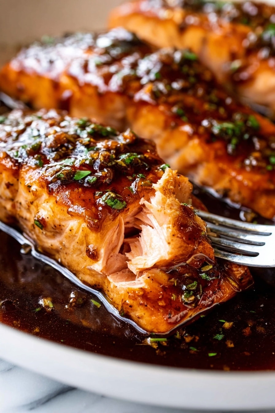 The image shows a close-up of two thick, cooked salmon pieces in a white pan, with the focus on the front piece where a fork pulls a small section showing its light pink, flaky inside layers. The salmon is covered in a shiny, dark brown sauce with a slight glaze and small green herb bits sprinkled on top. The sauce pools around the base of the salmon, reflecting light and adding a rich texture. The pan sits on a white marbled surface, and the salmon skin underneath is visible with a slightly darker color. Photo taken with an iphone --ar 2:3 --v 7 - Honey Garlic Salmon, honey garlic salmon, quick salmon recipe, healthy salmon dinner, easy seafood recipes