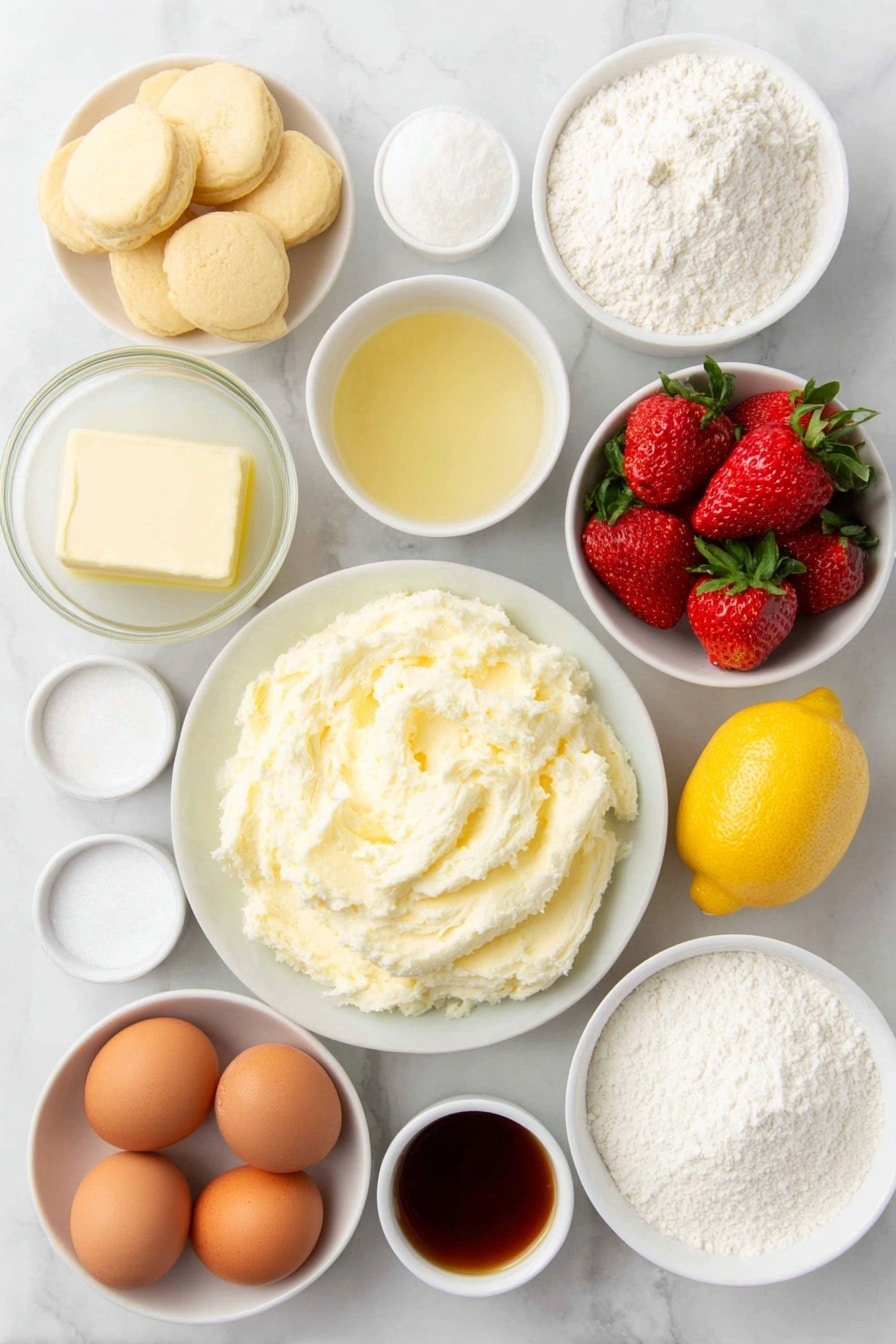 Flat lay of a small pile of plain Marie biscuits, a small white ceramic bowl with melted unsalted butter, a rounded scoop of softened cream cheese on a white ceramic plate, a small white bowl of plain flour, a few drops of vanilla extract in a white ceramic bowl, a small white bowl of full-fat sour cream, a small white bowl filled with caster sugar, a whole fresh lemon with zest grated beside it, three whole uncracked brown eggs, a cluster of fresh strawberries some halved and some diced, a small white bowl with clear lemon juice, a small white bowl of white granulated sugar, a small white bowl containing a little cornstarch, and a small white bowl with water, all arranged in perfect symmetry and balanced proportions on a clean white marble surface, soft natural light, photo taken with an iPhone, professional food photography style, fresh ingredients, white ceramic bowls, no bottles, no duplicates, no utensils, no packaging --ar 2:3 --v 7 --p m7354615311229779997 - Strawberry Cheesecake, easy strawberry cheesecake, homemade strawberry cheesecake, light strawberry cheesecake, fresh strawberry cheesecake