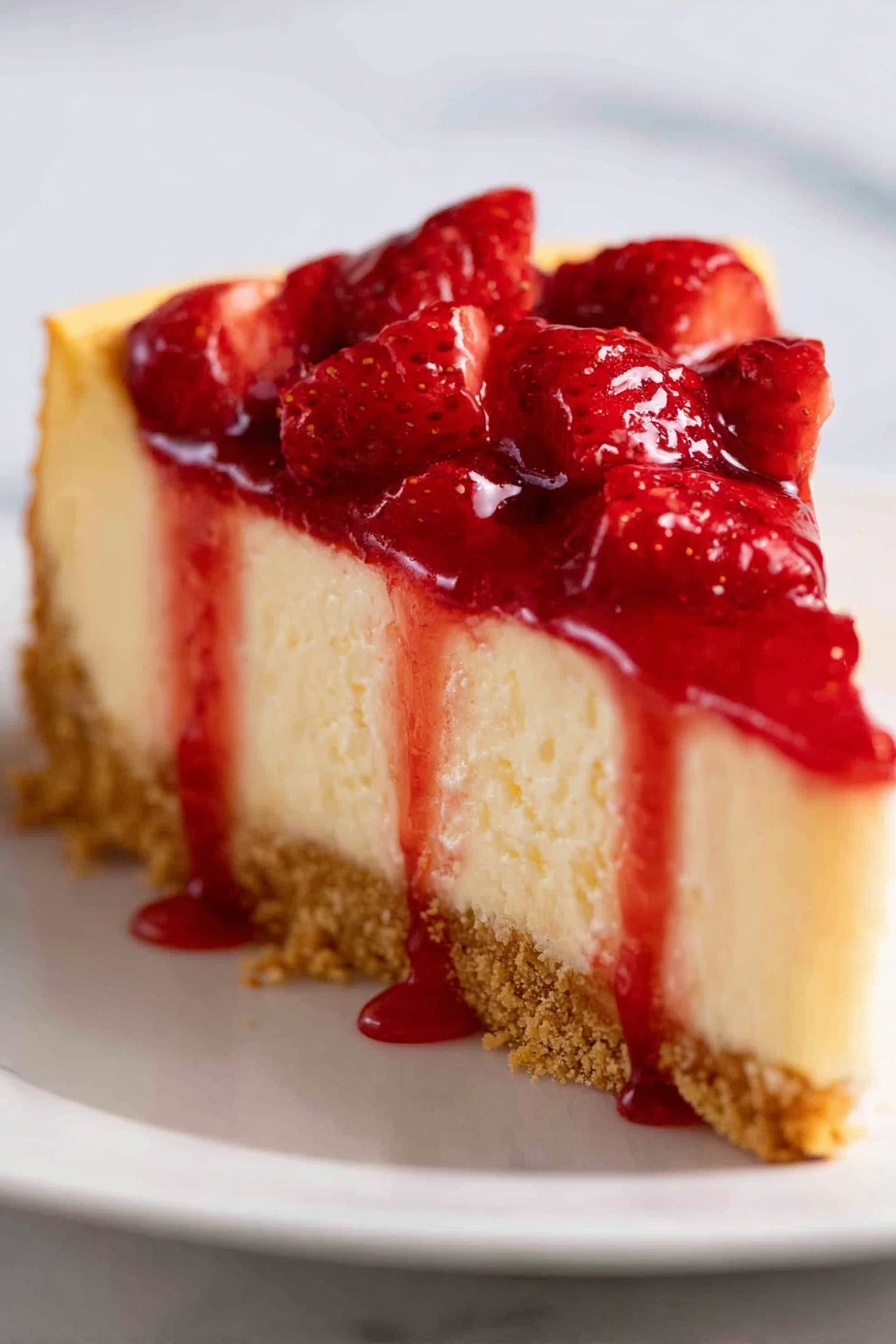 A close-up view of a slice of cheesecake with three visible layers: a crumbly light brown crust at the bottom, a thick creamy pale yellow middle layer of cheesecake, and a shiny red strawberry topping with whole strawberries and syrup dripping slightly down the sides. The cheesecake is on a white plate against a white marbled surface. Photo taken with an iphone --ar 2:3 --v 7 - Strawberry Cheesecake, easy strawberry cheesecake, homemade strawberry cheesecake, light strawberry cheesecake, fresh strawberry cheesecake