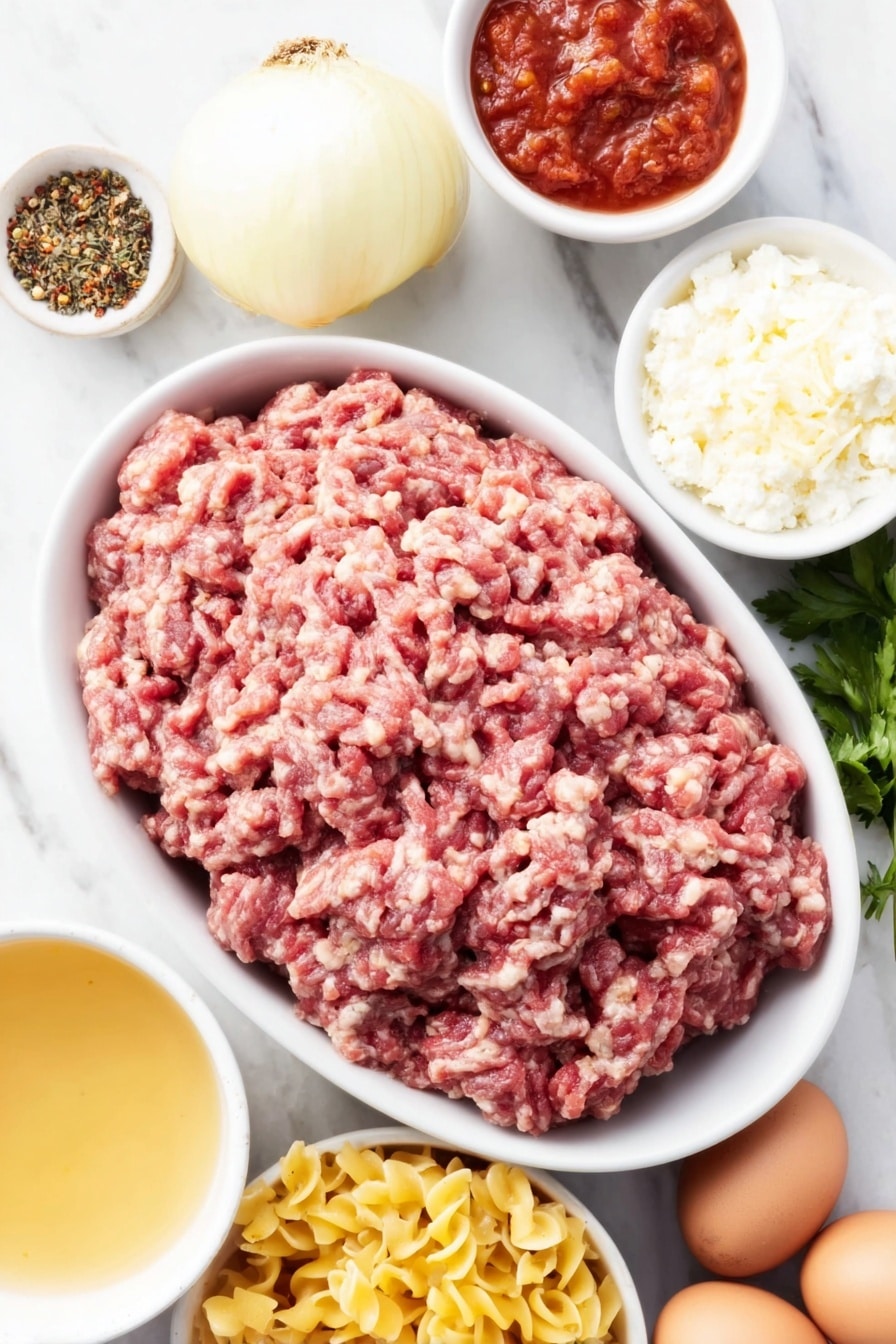 Flat lay of a mound of fresh lean ground beef, a whole yellow onion, five cloves of garlic, a small white bowl of chicken broth, a small white bowl filled with vibrant red marinara sauce, a small white bowl of bright diced tomatoes, a few dried herb sprigs representing basil, parsley, and oregano, a light scattering of red pepper flakes on white ceramic, a neat bundle of short Mafalda pasta (mini lasagna noodles), a small white bowl of creamy ricotta cheese, a small white bowl of freshly grated mozzarella cheese, whole uncracked brown eggs nearby for context, fresh sprigs of parsley, and a small white bowl with grated parmesan cheese, all ingredients fresh and natural, placed on a clean white marble surface, soft natural light, photo taken with an iPhone, professional food photography style, fresh ingredients, white ceramic bowls, no bottles, no duplicates, no utensils, no packaging --ar 2:3 --v 7 --p m7354615311229779997 - Instant Pot Lazy Lasagna Dinner, easy lasagna dinner, quick Italian dinner, one-pot lasagna recipe, beginner-friendly lasagna