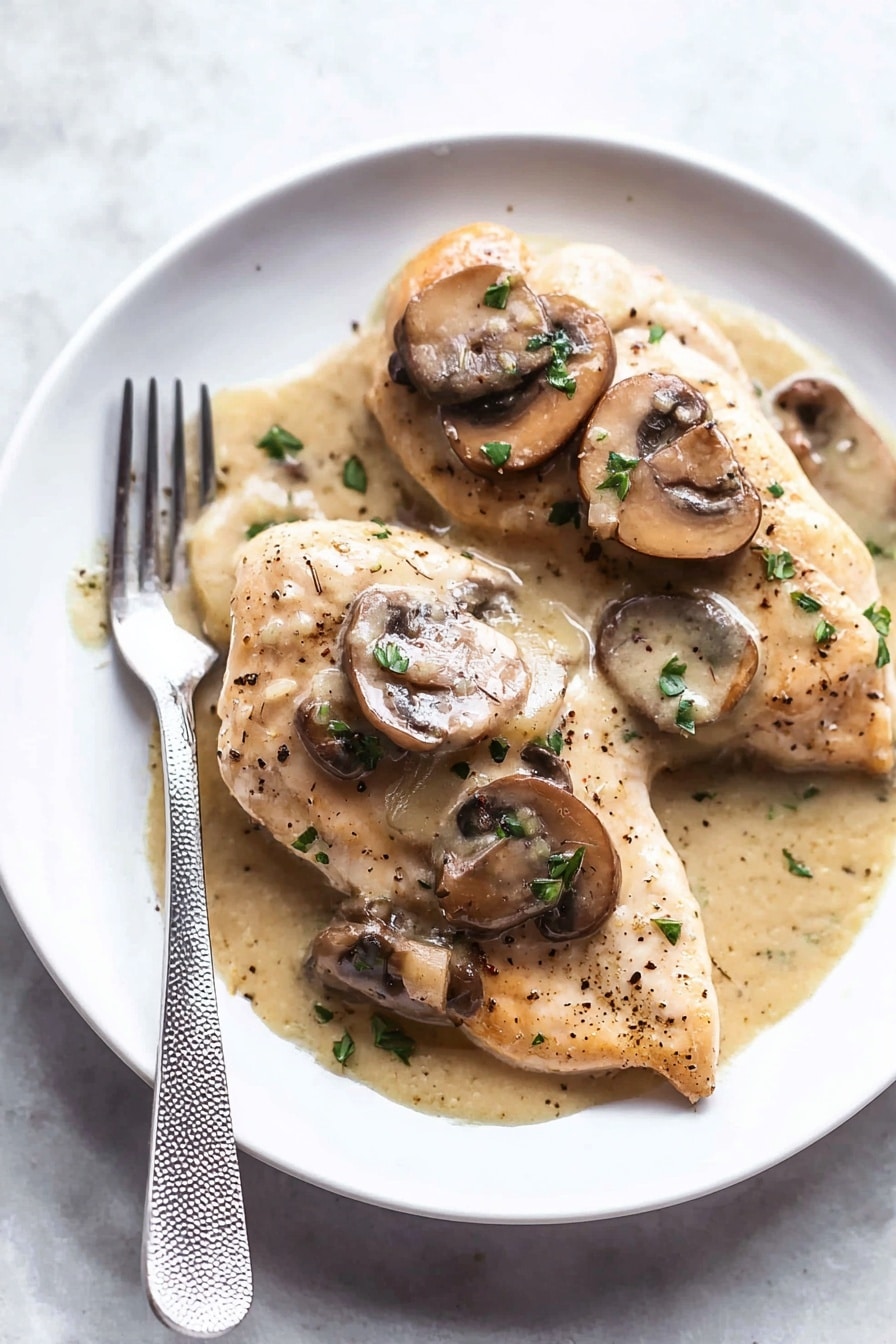 Two white plates on a white marbled surface each hold one light brown cooked chicken piece covered with a glossy mushroom sauce. The sauce is light beige with visible black pepper and small green herb sprinkles, pooled around and over the chicken. Several whole and sliced brown mushrooms rest on top and around the chicken. A silver fork with a textured handle is placed on the left side of the front plate. Small sprigs of green herbs are scattered around the plates on the surface. Photo taken with an iphone --ar 2:3 --v 7 - Instant Pot Chicken Marsala, Chicken Marsala dinner, easy chicken marsala, quick instant pot recipes, mushroom marsala chicken