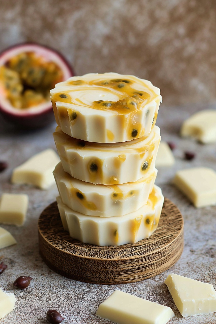 Four round white chocolate treats are stacked on top of each other on a small round carved wooden coaster. Each treat has a creamy white base with swirls of golden yellow passion fruit sauce running through it, dotted with small dark passion fruit seeds. The background shows a rough textured surface with a half passion fruit and some white chocolate pieces scattered around. The white marbled texture replaces the entire surface in the description. Photo taken with an iphone --ar 2:3 --v 7 - Mango Passionfruit White Chocolate Cups, tropical fruit dessert, easy white chocolate treats, handmade fruit cups, summer fruit dessert