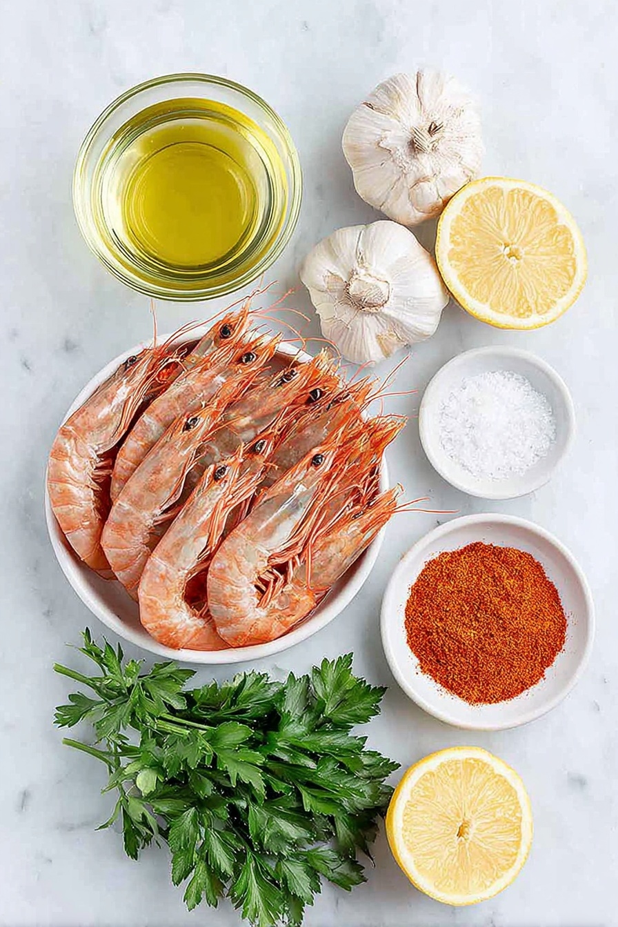 Flat lay of a small white ceramic bowl filled with golden olive oil, a cluster of fresh whole garlic cloves with papery skins intact, two dried red cayenne chillies, a pile of raw spot prawns with heads and shells on arranged neatly, a small white ceramic bowl containing bright red smoked paprika powder, a tiny pinch of coarse sea salt scattered delicately, a small white ceramic bowl holding pale golden white wine, a small bunch of fresh vibrant green parsley sprigs, and a few bright yellow lemon wedges arranged symmetrically, all placed on a clean white marble surface, soft natural light, photo taken with an iPhone, professional food photography style, fresh ingredients, white ceramic bowls, no bottles, no duplicates, no utensils, no packaging --ar 2:3 --v 7 --p m7354615311229779997 - Spanish Garlic Shrimp, garlic shrimp recipe, quick seafood dishes, Spanish appetizers, easy shrimp recipes