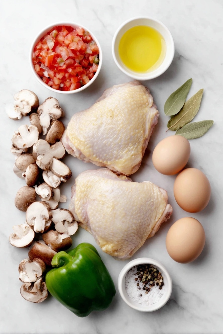 Flat lay of two whole uncracked brown chicken thighs with skin and bone, a medium yellow onion cut into large chunks, a medium red bell pepper cut into chunks, a medium green bell pepper cut into chunks, a small white ceramic bowl filled with sliced fresh brown mushrooms, a small white ceramic bowl overflowing with crushed ripe red tomatoes, a small white ceramic bowl of golden olive oil, a small white ceramic bowl with clear chicken broth, a few dried oregano leaves scattered neatly, a few dried basil leaves arranged carefully, one whole fresh bay leaf, a small white ceramic bowl with coarse sea salt, a small white ceramic bowl with cracked black pepper, and three whole uncracked brown eggs placed symmetrically, all arranged with perfect symmetry on a clean white marble surface, soft natural light, photo taken with an iPhone, professional food photography style, fresh ingredients, white ceramic bowls, no bottles, no duplicates, no utensils, no packaging --ar 2:3 --v 7 --p m7354615311229779997 - Instant Pot Chicken Cacciatore, Chicken Cacciatore recipe, quick Italian chicken dinner, easy chicken cacciatore, healthy Instant Pot chicken meal