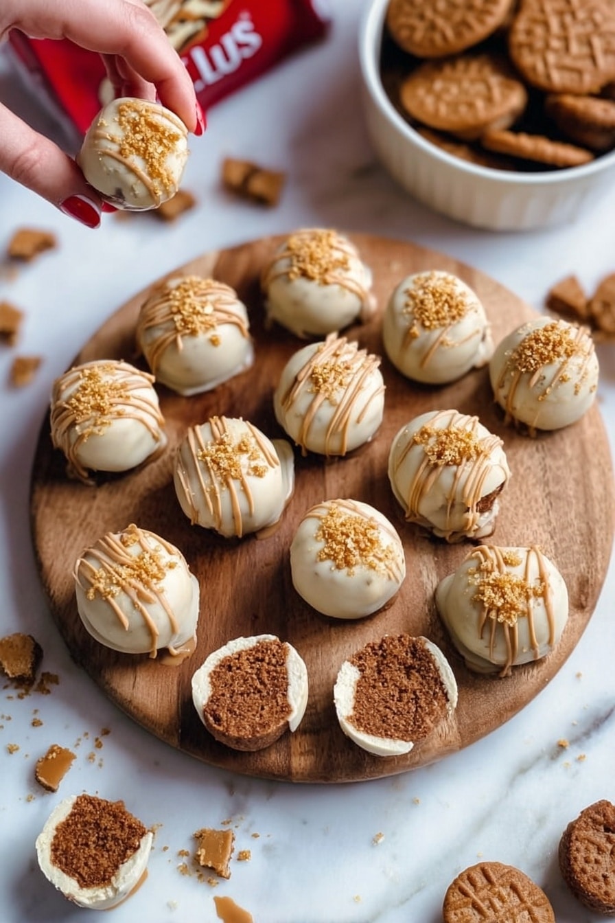 The image shows many round dessert balls on a wooden board, covered with a light cream-colored outer layer and drizzled with a brown sauce on top. Each ball has a crunchy crumb sprinkle over the drizzle. Inside, the balls have a soft, light brown center that looks smooth and dense. Two of the balls are cut in half, showing the inner soft layer. One ball in the front has a bite taken out, revealing the layers clearly with crumbs around it. The background is a white marbled surface with some crumbs scattered around. In the background, there is a white bowl with two brown cookies inside and a blurred red package. Photo taken with an iphone --ar 2:3 --v 7 - Biscoff Truffles with White Chocolate, Biscoff truffles, white chocolate dessert, no-bake cookie balls, caramel-spiced truffles