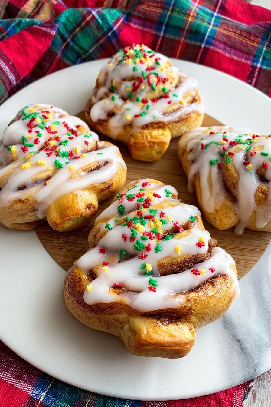 The image shows four Christmas tree-shaped pastries on a round white plate with a wooden center. Each pastry has a golden-brown, slightly textured base with visible cinnamon swirls and is topped with thick white icing drizzled in three diagonal stripes. Scattered on top of the icing are small red, green, and yellow tree-shaped sprinkles that add a festive touch. The pastries are arranged on the plate which sits on a cloth with red, green, blue, and yellow stripes. The photo taken with an iphone --ar 2:3 --v 7 - Christmas Tree Cinnamon Rolls, festive cinnamon roll ideas, easy holiday breakfast, Christmas brunch recipes, holiday baking treats
