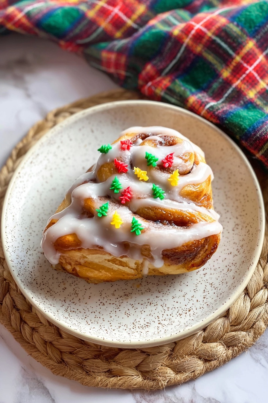 A white plate holds a single cinnamon roll with four visible layers, each golden brown and soft in texture. The roll is thickly covered with white icing that drips slightly down the sides. Small red, green, and yellow Christmas-themed sprinkles shaped like trees, candy canes, and stars decorate the top layer, adding bright spots of color. The plate sits on a woven rope placemat, and behind it is a folded fabric in dark blue, green, red, and yellow plaid pattern. The surface underneath has a white marbled texture. Photo taken with an iphone --ar 2:3 --v 7 - Christmas Tree Cinnamon Rolls, festive cinnamon roll ideas, easy holiday breakfast, Christmas brunch recipes, holiday baking treats