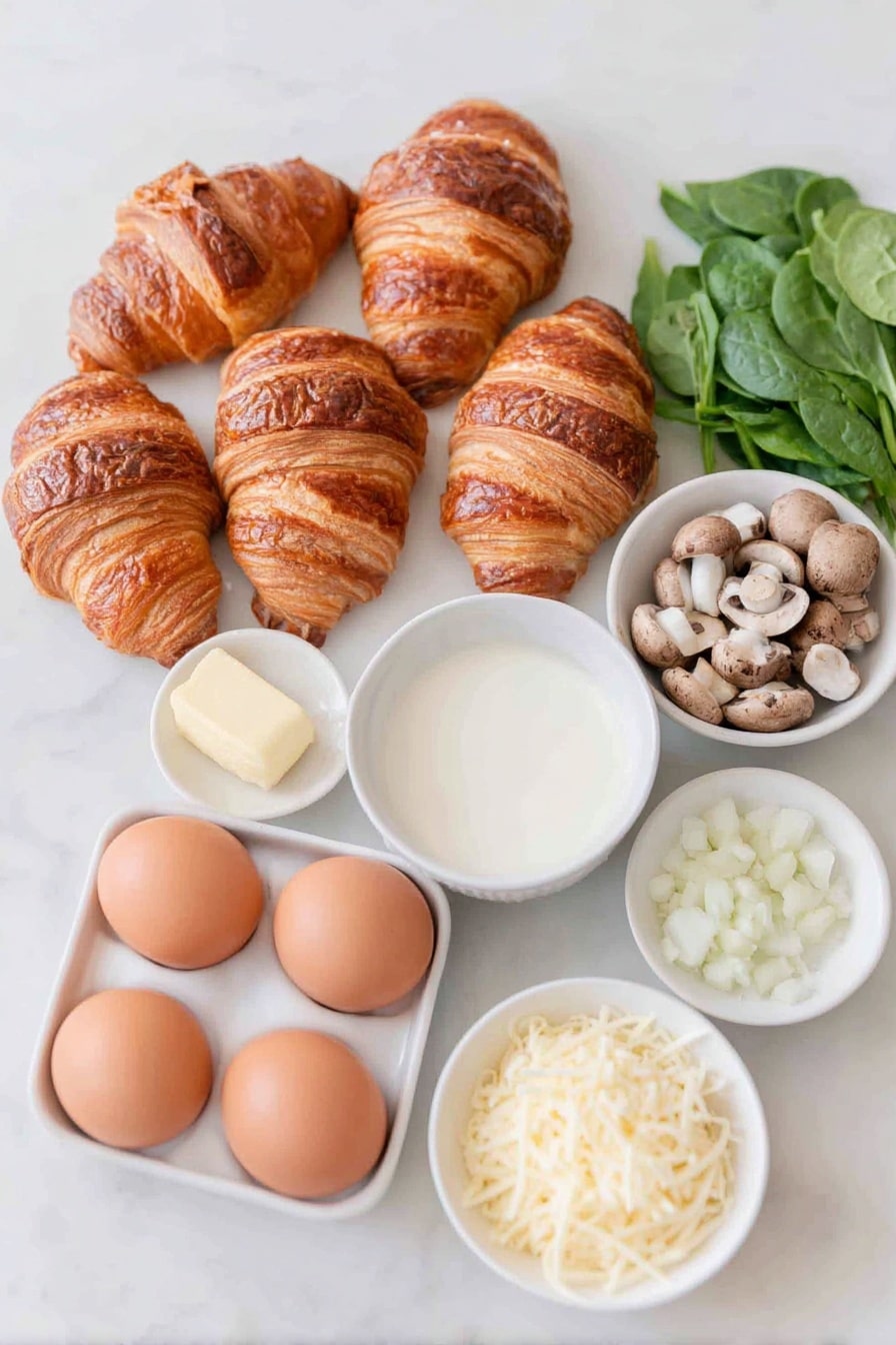 Flat lay of five whole large croissants, a small pat of unsalted butter, one sweet onion diced into small cubes, two peeled garlic cloves whole, a cluster of fresh cremini mushrooms chopped, a bunch of fresh baby spinach leaves, a small white bowl of kosher salt, a small white bowl of freshly cracked black pepper, eight large whole uncracked brown eggs, a small white bowl of milk, a small white bowl of heavy cream, a small white bowl filled with freshly grated gruyere cheese, a small white bowl of freshly grated parmesan cheese, and a few sprigs of fresh chopped parsley, all arranged symmetrically on a clean white marble surface, soft natural light, photo taken with an iPhone, professional food photography style, fresh ingredients, white ceramic bowls, no bottles, no duplicates, no utensils, no packaging --ar 2:3 --v 7 --p m7354615311229779997 - Overnight Croissant Breakfast Casserole, easy brunch casserole, savory breakfast bake, make-ahead breakfast dish, croissant breakfast casserole