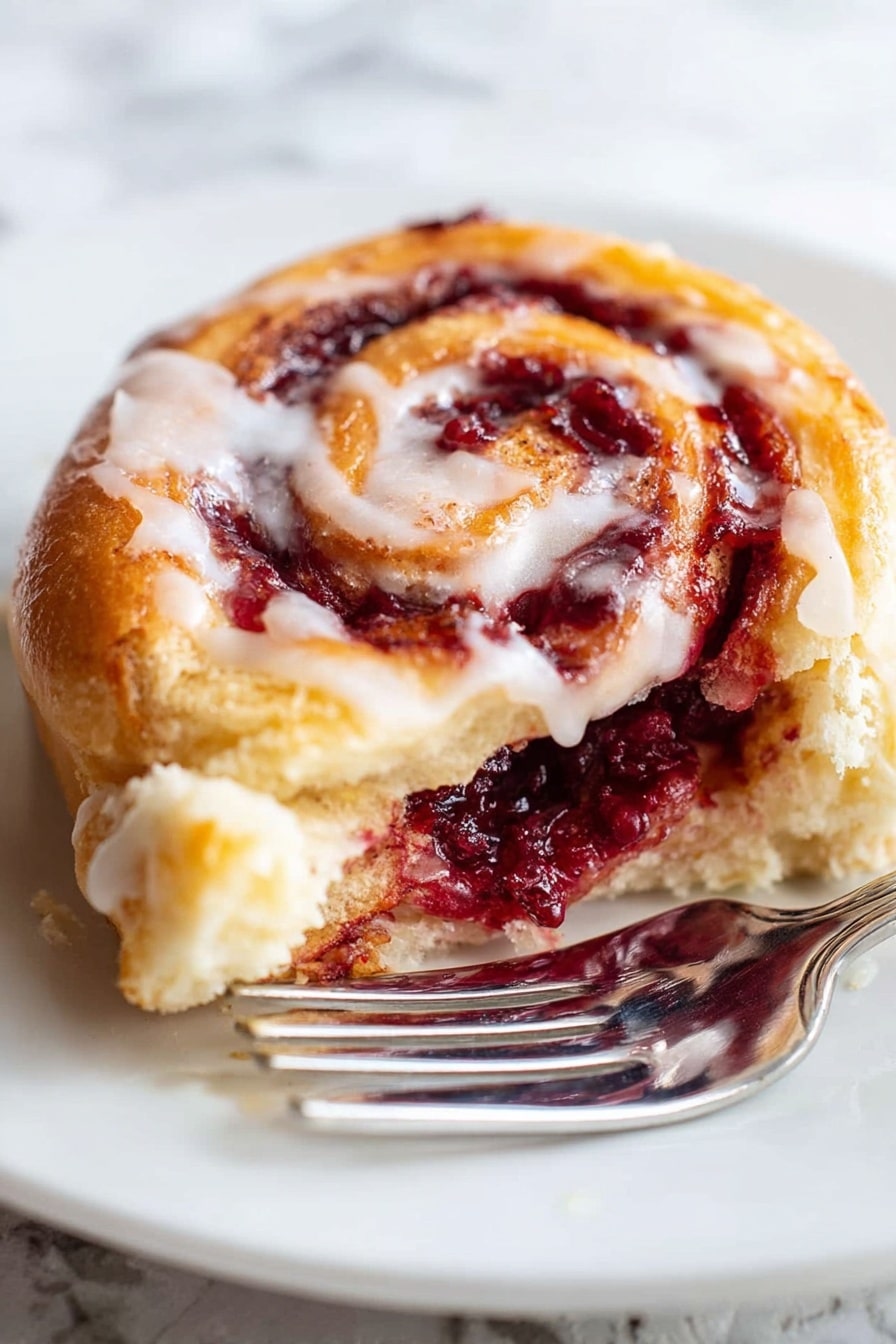 A close-up view of a single pastry roll on a white plate, showing three visible layers spiraled together. The outer layer is light golden brown with a soft, flaky texture. Inside, there is a thick dark red fruit filling that looks rich and slightly sticky, spreading unevenly through the middle layer. The center layer has melted white icing spread thinly with some parts browned in spots from baking. A shiny fork rests beside the pastry on the plate, and the background is a white marbled surface. Photo taken with an iphone --ar 2:3 --v 7 - Cranberry Orange Sweet Rolls, Cranberry Orange Pastry, Holiday Sweet Rolls, Fluffy Cranberry Orange Breakfast, Easy Cranberry Orange Baking