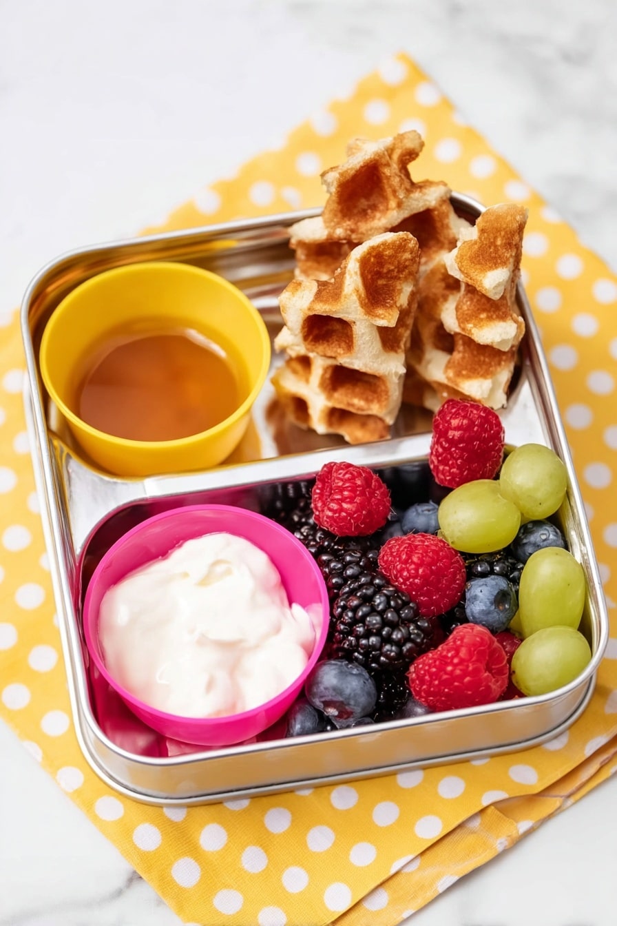 The image shows a white metal box with four sections, placed on a yellow cloth with white polka dots over a white marbled surface. The top right section has small, golden-brown waffle pieces standing upright with a few raspberries and blackberries around them. The bottom right section holds a mix of fresh berries including red raspberries, dark blackberries, and blue blueberries, along with green grapes scattered among the berries. The top left section contains amber-colored syrup inside a yellow silicone cup, while the bottom left section has white yogurt inside a pink silicone cup. The colors are bright and the textures clear, showing the contrast between the soft yogurt, juicy fruits, crispy waffles, and smooth syrup. Photo taken with an iphone --ar 2:3 --v 7 - Pumpkin Spice Waffles, pumpkin spice waffles recipe, fall breakfast waffles, pumpkin waffle ideas, cozy autumn breakfast
