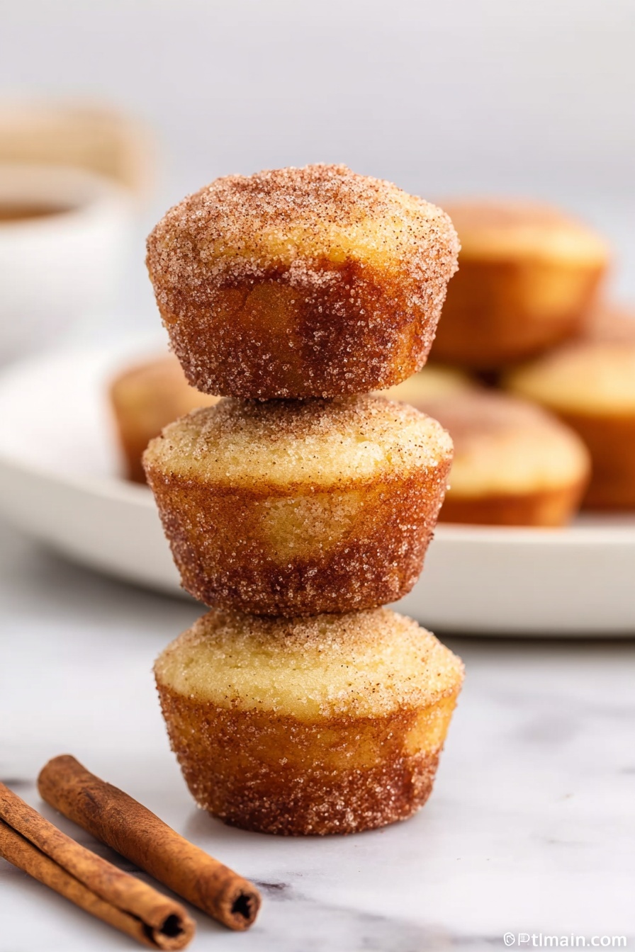 The image shows a stack of three small muffins coated with cinnamon sugar. Each muffin has a golden brown bottom layer with a slightly rough texture and a lighter golden top layer with a smoother texture. The muffins are placed vertically on a white marbled surface. To the left of the stack, there are three cinnamon sticks lying flat. In the background, a white plate holds more muffins that are out of focus. The setting is bright with soft natural light. Photo taken with an iphone --ar 2:3 --v 7 - Cinnamon Sugar Mini Donut Muffins, best mini donut muffins, cinnamon sugar muffin recipe, easy baked donut muffins, soft cinnamon muffin bites