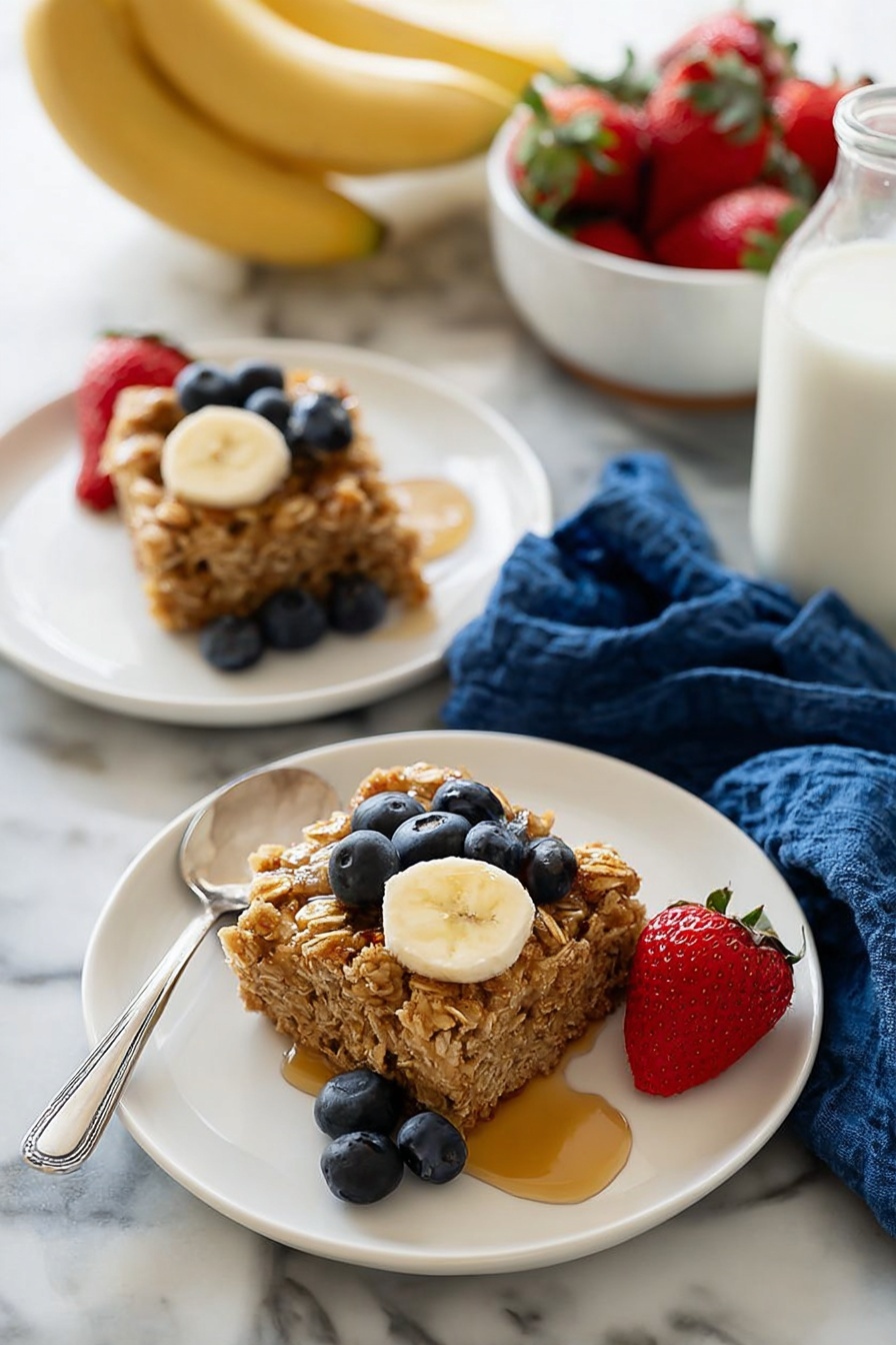 The image shows two white plates each with a square piece of oatmeal bake topped with three banana slices and three blueberries. There is a whole red strawberry placed on each plate near the oatmeal bake, and syrup is drizzled over and around the oatmeal. A silver spoon rests on the edge of the front plate. In the background, a bunch of bananas and a shallow white bowl filled with strawberries sit on a white marbled surface with a blue cloth nearby. A glass bottle filled with milk is also visible. The lighting is natural and bright, creating a fresh and inviting look. photo taken with an iphone --ar 2:3 --v 7 - Amish Baked Oatmeal, Healthy Baked Oatmeal Breakfast, Easy Overnight Oatmeal Bake, Cozy Morning Recipes, Wholesome Oatmeal Breakfast