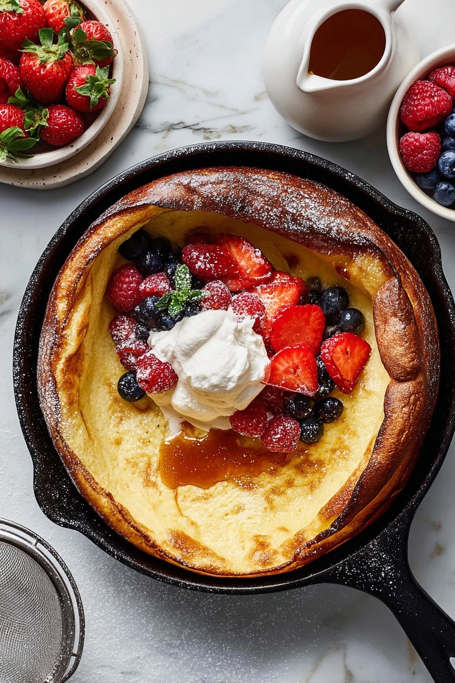 A golden-brown pancake with a puffed, slightly crispy edge sits inside a black cast iron skillet placed on a white marbled surface. The pancake has a smooth, glossy center topped with a dollop of white whipped cream, fresh red strawberries, bright red raspberries, and small clusters of blueberries, with some syrup drizzled around. A white small pitcher filled with syrup stands to the top right, along with two white bowls, one filled with strawberries and raspberries and the other with blueberries. A fine mesh sieve dusted with powdered sugar is placed to the left side of the skillet. photo taken with an iphone --ar 2:3 --v 7 - Dutch Baby Pancake with Lemon Zest, Dutch Baby Pancake, Lemon Zest Breakfast, Fluffy Lemon Pancake, Easy brunch recipe