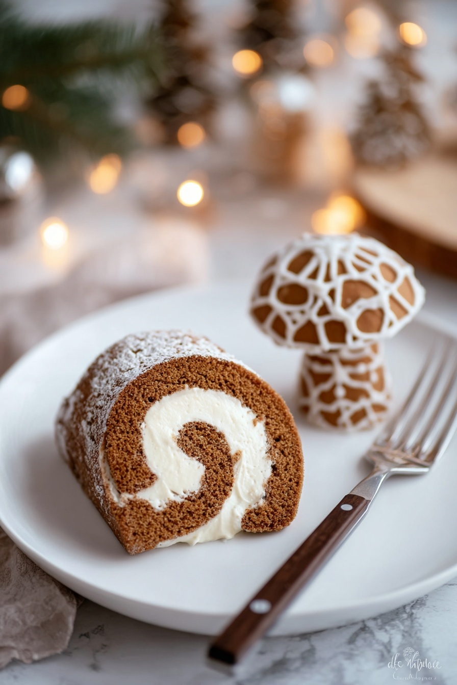 A white plate holds a single slice of brown rolled cake with a white cream swirl inside, showing three clear layers of cake and cream. Next to the cake slice stands a small mushroom-shaped cookie decorated with white icing that has holes, giving a lacy look. A silver fork with a dark wood handle rests behind the cake slice on the plate. The background is a white marbled surface, softly lit with warm string lights that add a cozy glow and blurry festive decor. Photo taken with an iphone --ar 2:3 --v 7 - Gingerbread Cake Roll with Cream Cheese Filling, festive gingerbread dessert, holiday cake roll, gingerbread cake recipe, holiday dessert ideas