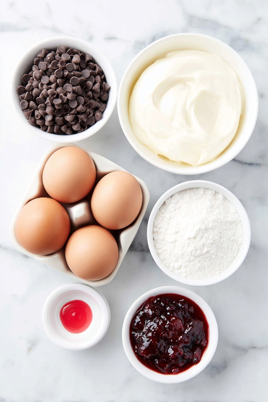 Flat lay of a small pile of glossy bittersweet chocolate chips, a simple white ceramic bowl of thick heavy cream, four large whole uncracked brown eggs, a white bowl filled with fine granulated sugar, a white bowl holding bright red seedless raspberry jam, and a tiny white bowl with a few drops of vivid pink gel food coloring placed on a clean white marble surface, soft natural light, photo taken with an iPhone, professional food photography style, fresh ingredients, white ceramic bowls, no bottles, no duplicates, no utensils, no packaging --ar 2:3 --v 7 --p m7354615311229779997 - Raspberry Meringue Sandwiches with Chocolate Ganache, raspberry meringue dessert, chocolate ganache treats, elegant berry pastry, easy meringue sandwich recipe
