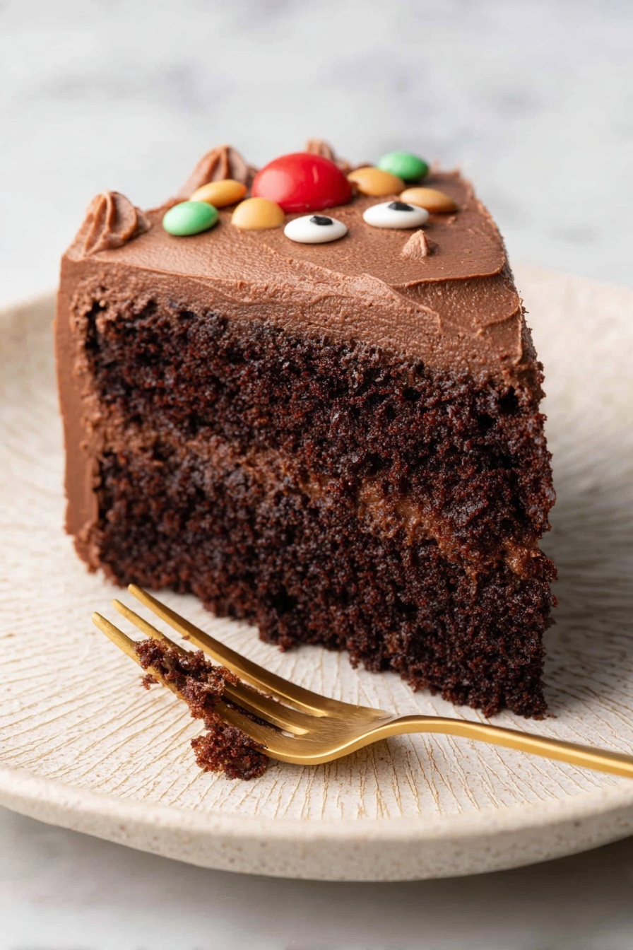 The image shows a single slice of chocolate cake on a white plate with a textured surface. The cake has two layers of dark, moist chocolate sponge and a thick layer of smooth chocolate frosting on top. The frosting layer is decorated with candy pieces resembling eyes and a red nose, creating a face-like design. A gold fork rests on the plate near the cake slice, with a bit of cake on its tines. The background is a white marbled texture. photo taken with an iphone --ar 2:3 --v 7 - Chocolate Orange Reindeer Cake, festive holiday cake, Christmas dessert with orange and chocolate, reindeer themed cake recipe, easy holiday cake idea