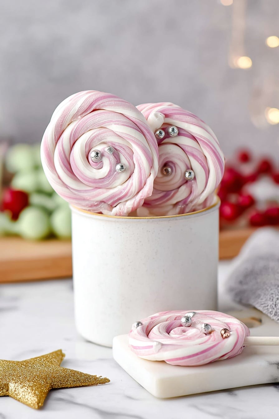 The image shows a small white cup filled with three lollipops that have two color layers twisted tightly around each other: pale pink and white. Each lollipop is decorated with small silver balls and tiny brown sprinkles. One lollipop lies flat on the white marbled surface on the bottom right, showing the spiral pattern and decorations. Behind the cup, there are blurry details of green lollipops and red berries adding soft colors in the background. In the bottom left corner, there is a flat golden star ornament laying on the white marbled surface. photo taken with an iphone --ar 2:3 --v 7 - Colorful Meringue Lollipops, Vibrant Meringue Treats, Easy Meringue Candy, Bright Dessert Ideas, DIY Meringue Lollipops
