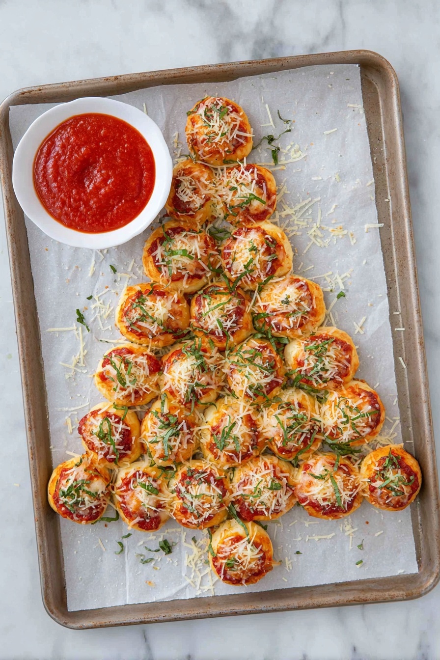 The image shows a Christmas tree-shaped arrangement of small round pizza bites on a baking tray lined with parchment paper, placed on a white marbled surface. Each pizza bite has a golden-brown crust base with a layer of red tomato sauce topped with melted cheese and sprinkled with shredded green basil and grated Parmesan cheese. At the top left corner of the tray, there is a small white bowl filled with bright red tomato dipping sauce. The pizza bites are closely packed together to form the shape of the Christmas tree with clear edges and a pointed top. Photo taken with an iphone --ar 2:3 --v 7 - Festive Pull-Apart Christmas Tree Pizza Bites, Christmas appetizer ideas, holiday finger foods, cheesy pizza bites for holidays, Christmas party snacks