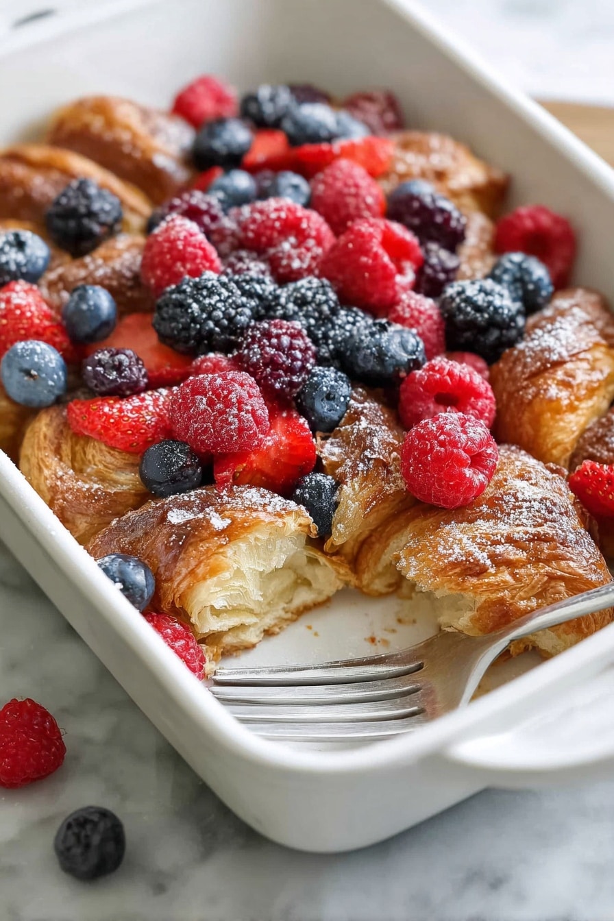 The image shows a white rectangular dish filled with layered golden-brown croissant pieces at the bottom, topped with a mix of fresh berries including red raspberries, strawberries, blueberries, and blackberries. The croissants have a flaky texture and are partially covered with a light dusting of powdered sugar. A fork rests on the edge of the dish, positioned on the right side, and a few berries are scattered around the croissant pieces near the fork. The dish is set on a white marbled surface. Photo taken with an iphone --ar 2:3 --v 7 - Blueberry Croissant French Toast Bake, breakfast casserole with blueberries, easy brunch recipes, cinnamon croissant bake, make-ahead breakfast ideas