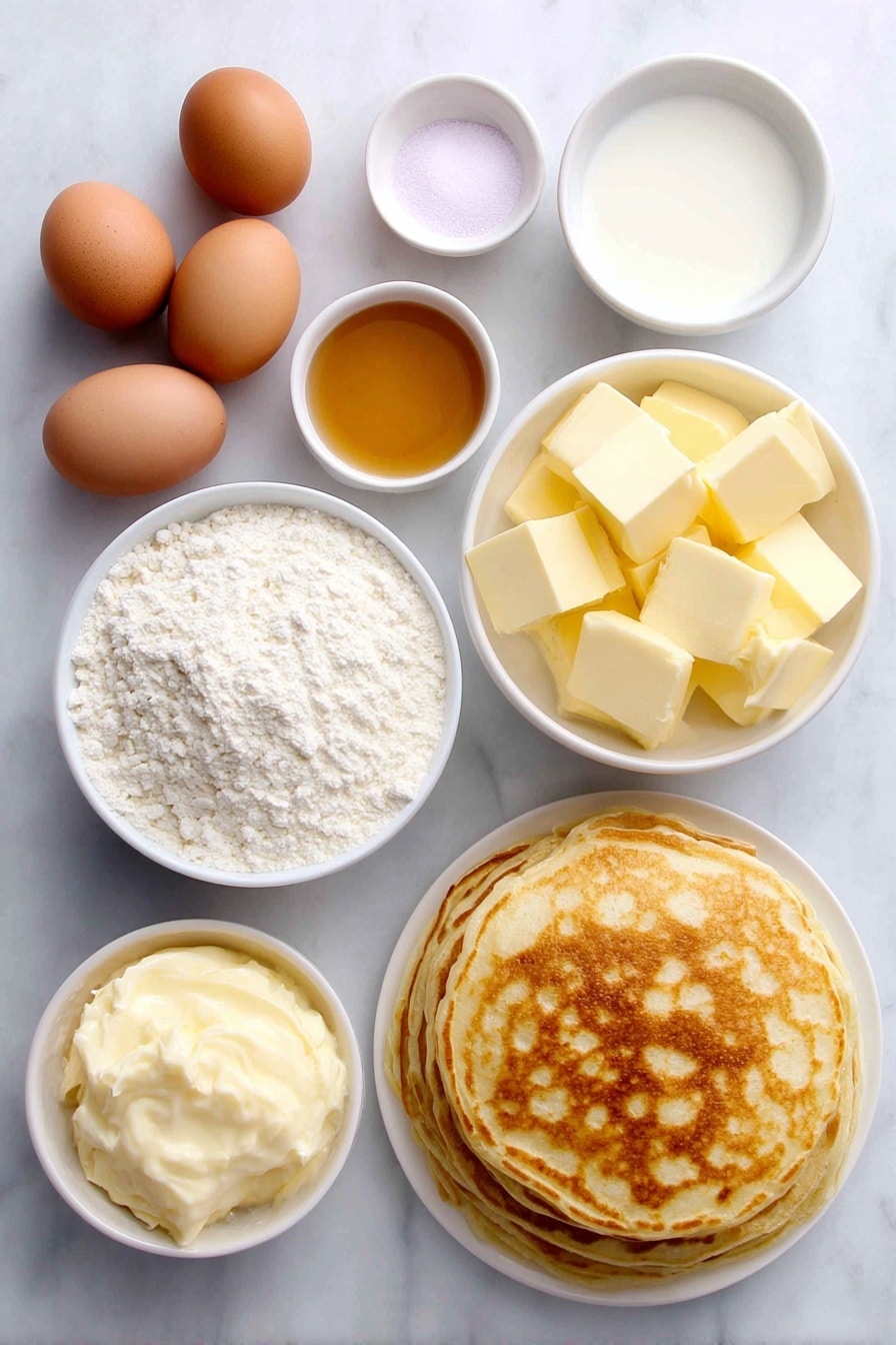 Flat lay of six large whole eggs with clean shells, a stack of golden fluffy pancakes arranged neatly, a small white ceramic bowl filled with thick heavy cream, another small white bowl containing whole milk, a small white bowl with granulated sugar, a small white bowl holding light golden maple syrup, a few pats of unsalted butter on a simple white plate, and a small white bowl with creamy vanilla bean paste, all placed on a clean white marble surface, soft natural light, photo taken with an iPhone, professional food photography style, fresh ingredients, white ceramic bowls, no bottles, no duplicates, no utensils, no packaging --ar 2:3 --v 7 --p m7354615311229779997 - Easy Breakfast Pancake Casserole, breakfast casserole, pancake bake, overnight breakfast dish, brunch casserole