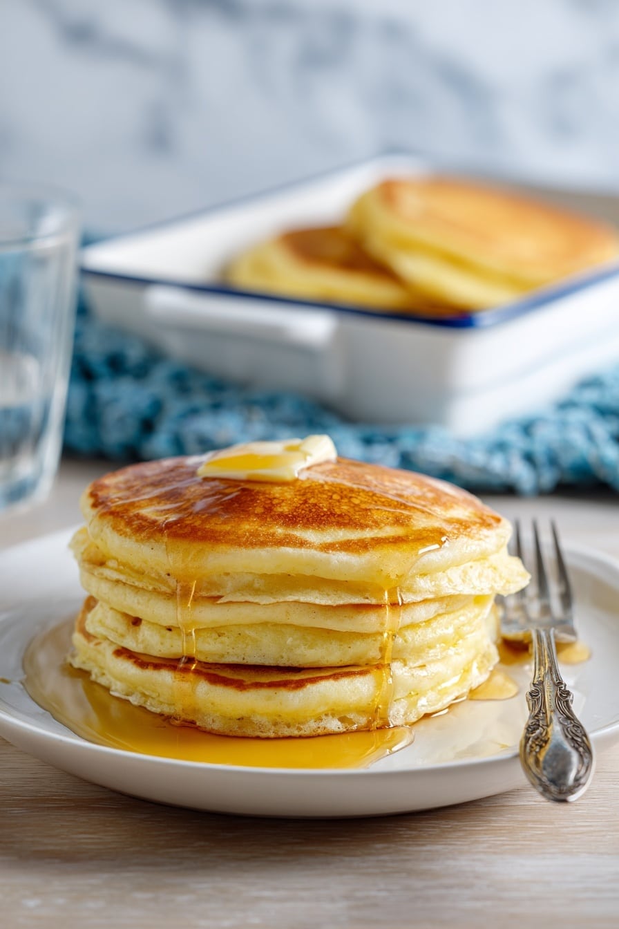 A stack of three golden brown pancakes sits on a white plate, each pancake thick and fluffy with a slightly uneven round shape. The top pancake shines with a drizzle of amber syrup that glistens under the light, and a small dollop of softened butter melts near the edge. A silver fork rests on the right side of the plate, with some syrup pooling underneath. In the background, a white baking dish with a blue rim holds more pancakes on a folded blue cloth with a white trimmed edge. The surface under everything is a light wood, but the background is changed to a white marbled texture. A clear glass of water is placed near the plate. Photo taken with an iphone --ar 2:3 --v 7 - Easy Breakfast Pancake Casserole, breakfast casserole, pancake bake, overnight breakfast dish, brunch casserole