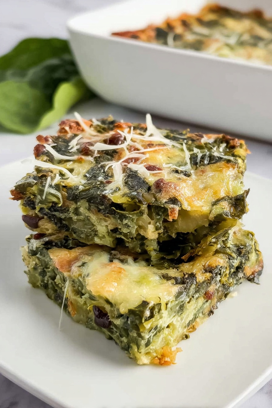 Two thick squares of green vegetable bake are on a white plate, stacked slightly with one piece leaning on the other. The bake shows layers of cooked leafy greens mixed with melted cheese that has formed a lightly browned top layer with some scattered cheese shreds. The texture looks soft and dense with bits of darker greens and small brown spots from baking. In the background, there is a hint of fresh green leaves and a white rectangular baking dish on a white marbled surface. photo taken with an iphone --ar 2:3 --v 7 - Spinach Mushroom Breakfast Casserole, healthy breakfast casserole, easy spinach egg bake, breakfast meal prep casserole, veggie breakfast bake