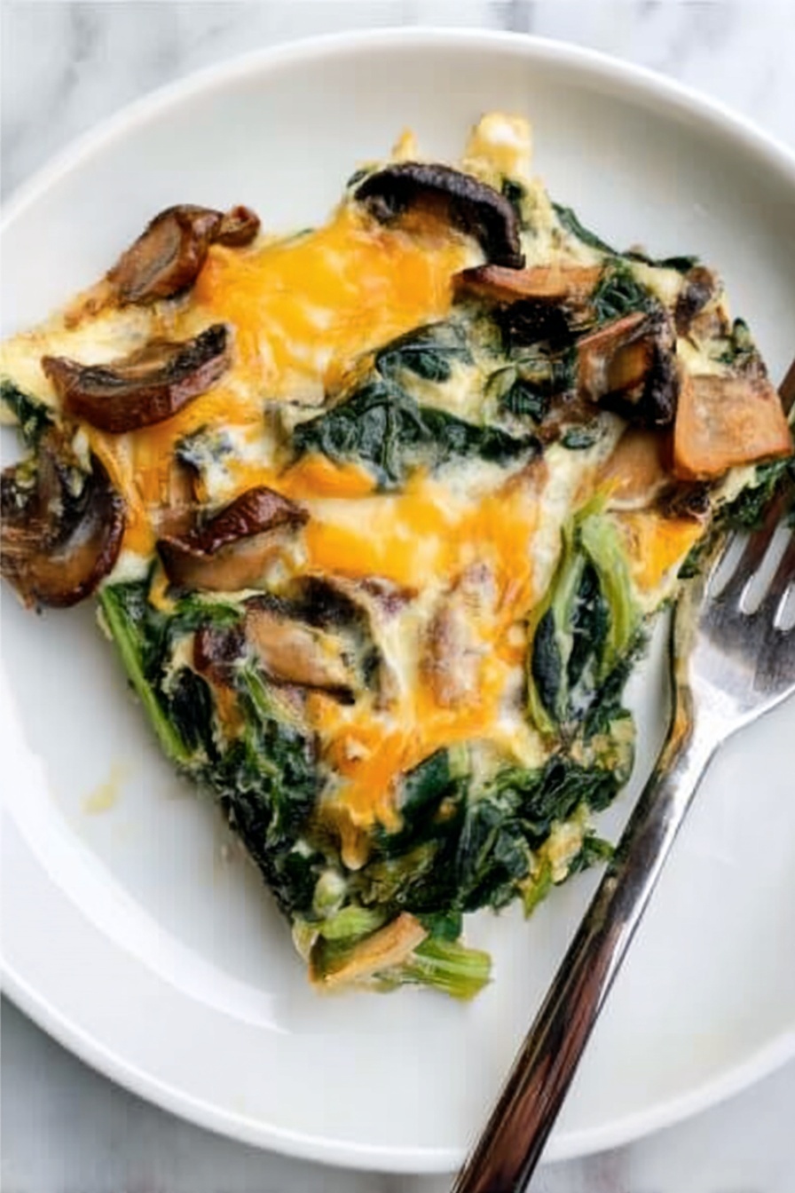 A serving of a baked dish is placed on a white plate on a white marbled surface. The dish has three visible layers: the bottom layer is a creamy white sauce mixed with wilted dark green spinach leaves, the middle layer contains sliced mushrooms that are brown with some darker spots, and on top, there is melted orange and white cheese spread unevenly, blending with the greens and mushrooms. A silver fork rests on the edge of the plate, with its handle pointing outward. Photo taken with an iphone --ar 2:3 --v 7 - Spinach Mushroom Breakfast Casserole, healthy breakfast casserole, easy spinach egg bake, breakfast meal prep casserole, veggie breakfast bake