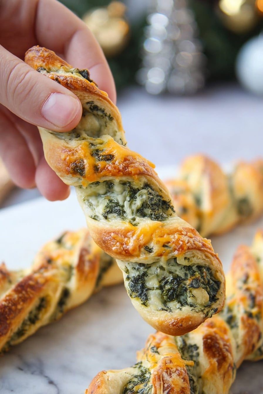 A close-up shows a woman's hand holding a twisted breadstick with two main layers: a golden brown baked dough layer wrapped around a green spinach and cheese filling that appears creamy and textured, with specks of melted yellow cheese on top. In the background, more twisted breadsticks lay together on a white marbled surface, showing the same twisted golden and green pattern. The setting includes blurred festive decorations in soft focus. photo taken with an iphone --ar 2:3 --v 7 - Christmas Tree Spinach Dip Breadsticks, festive spinach dip breadsticks, holiday appetizer recipes, cheesy spinach breadsticks, Christmas party snacks