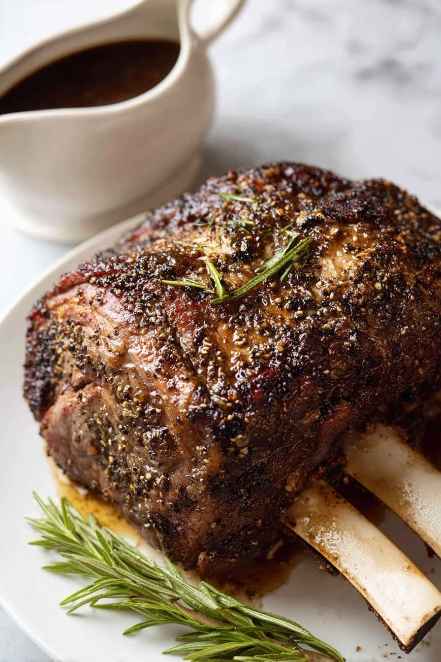 A large roasted piece of meat with a dark, crispy, peppery crust sits at the center of a white plate. The meat has two white bones visible at the bottom right, with a green rosemary sprig laid across its front. To the left of the meat, a white ceramic gravy boat holds dark brown sauce. The background is a white marbled surface. Photo taken with an iphone --ar 2:3 --v 7 - Perfect Prime Rib Roast, prime rib cooking tips, juicy prime rib recipe, easy prime rib instructions, holiday prime rib roast