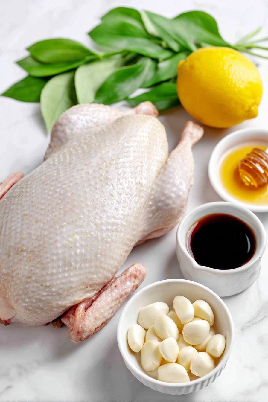 Flat lay of a whole fresh Pekin duck with glossy skin, five peeled garlic cloves chopped and arranged neatly, one small lemon cut into wedges, one whole lemon with a bright yellow peel and fresh green leaves, a small white ceramic bowl of deep amber honey, and a small white ceramic bowl filled with dark balsamic vinegar, placed on a clean white marble surface, soft natural light, photo taken with an iPhone, professional food photography style, fresh ingredients, white ceramic bowls, no bottles, no duplicates, no utensils, no packaging --ar 2:3 --v 7 --p m7354615311229779997 - Roast Duck with Honey Balsamic Glaze, honey balsamic glazed duck, crispy skin roast duck, elegant duck dinner, festive duck recipes