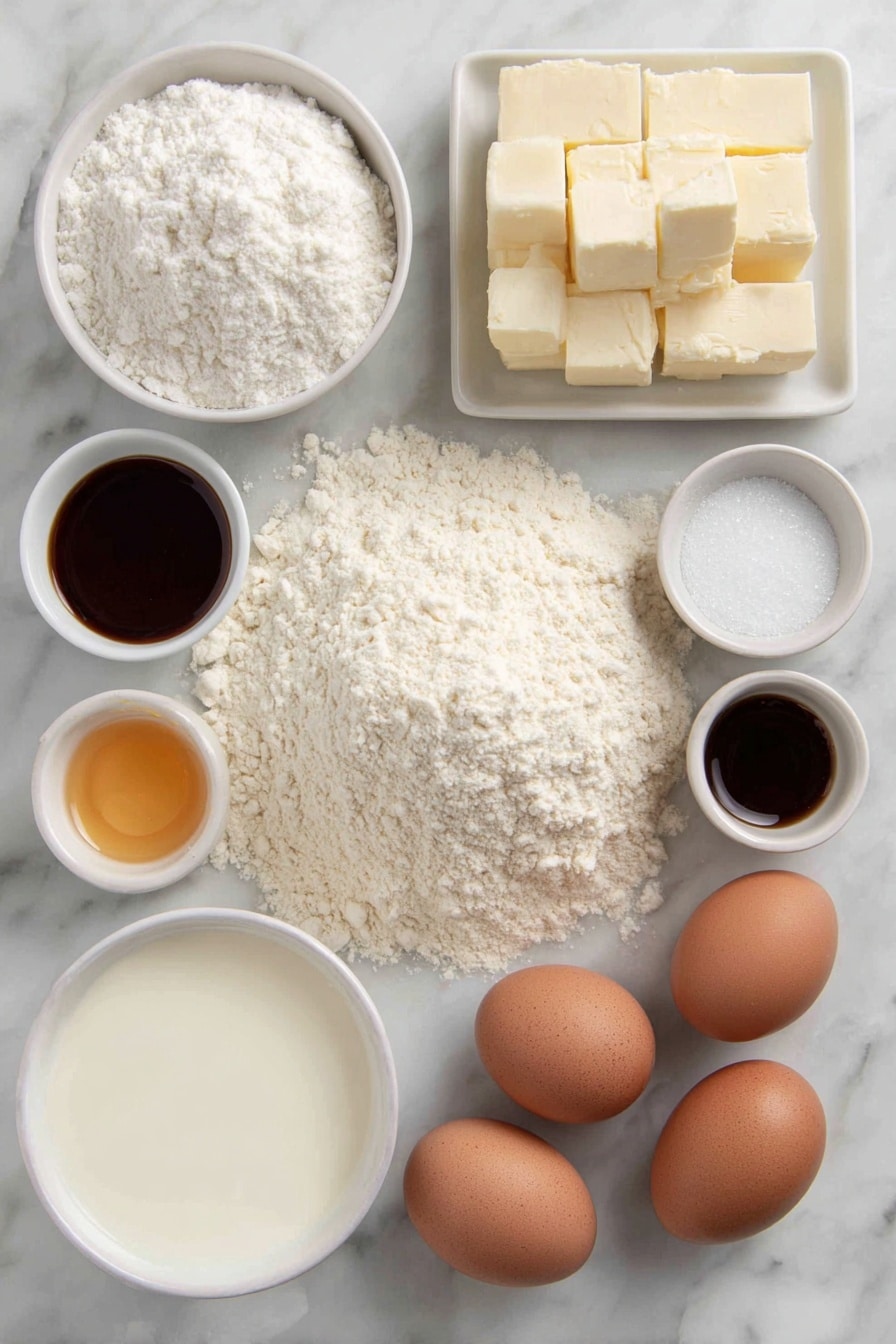 Flat lay of a small mound of fine white cake flour, a small white ceramic bowl with white baking powder powder, a small white ceramic bowl with fine white salt, a small white ceramic bowl filled with sparkling white granulated sugar, a few cubes of pale yellow unsalted butter, a small white ceramic bowl of clear vegetable oil, three large brown eggs with smooth uncracked shells, two bright yellow egg yolks in a small white ceramic bowl, a small white ceramic bowl with pale amber vanilla extract, a small white ceramic bowl filled with deep amber dark rum, a small white ceramic bowl of creamy whole milk, placed on a clean white marble surface, soft natural light, photo taken with an iPhone, professional food photography style, fresh ingredients, white ceramic bowls, no bottles, no duplicates, no utensils, no packaging --ar 2:3 --v 7 --p m7354615311229779997 - Moist Rum Cake, rum cake recipe, boozy dessert, moist cake with rum, easy rum cake