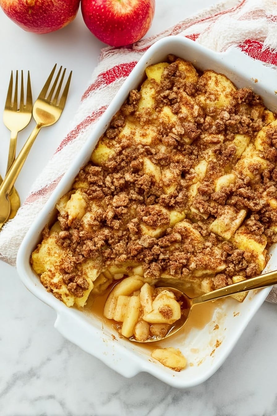 The image shows a white rectangular baking dish filled with a layered apple dessert. The bottom layer consists of visible soft, yellowish baked dough pieces. On top, there is a thick layer of crumbly topping with small brown chunks resembling nuts and cinnamon mixed with sugar, giving a grainy texture. A golden spoon is scooping some of the dessert from the lower right corner, showing soft apple pieces in light brown sauce beneath the crumbly layer. The dish is placed on a white marbled surface next to a red-striped white cloth and a fresh red apple. Two golden forks rest near the top left corner of the image. Photo taken with an iphone --ar 2:3 --v 7 - Crispy French Toast with Honey, French Toast recipes, Breakfast ideas, Easy French toast, Honey French toast