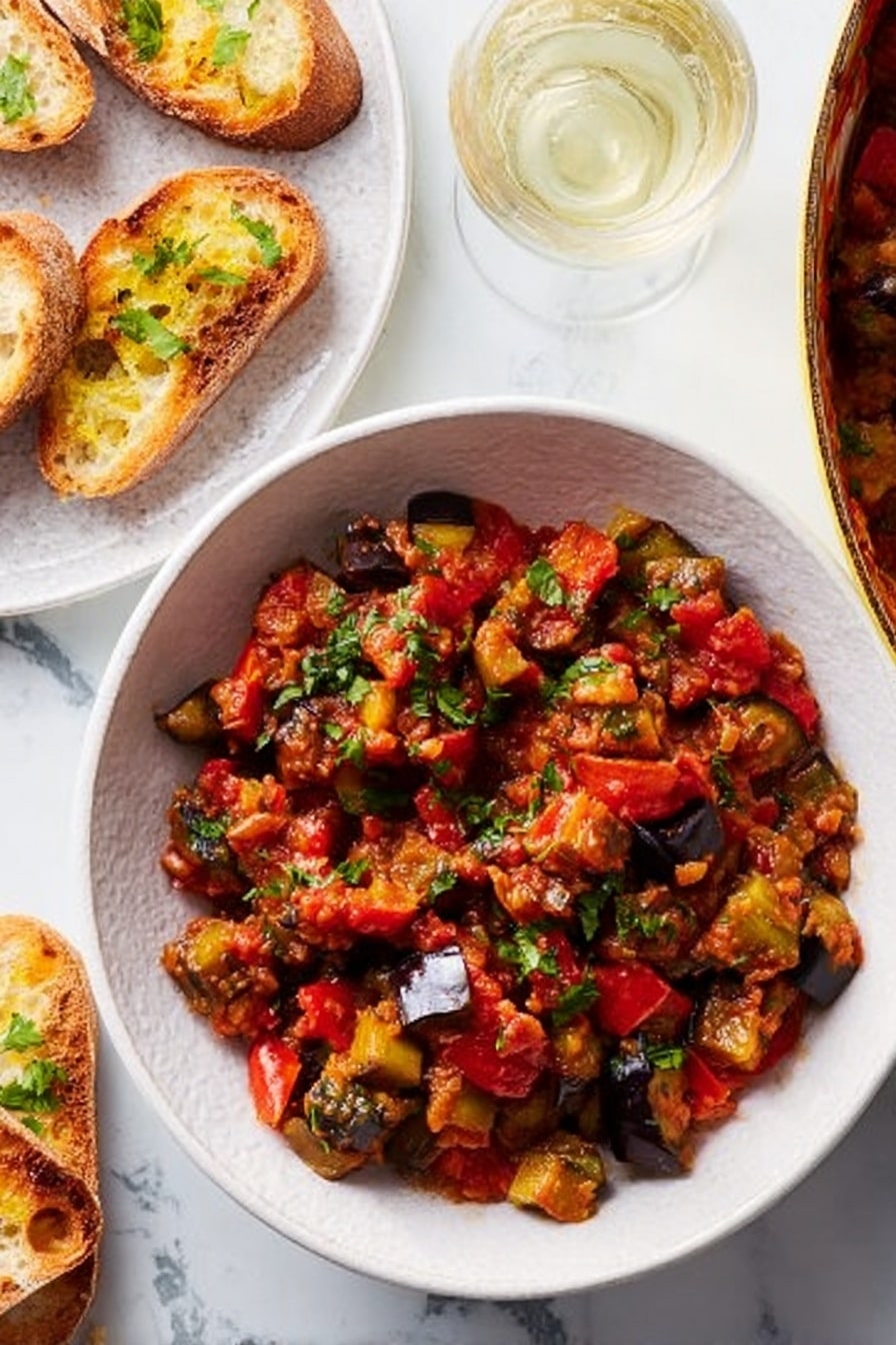 A white bowl filled with a colorful vegetable stew mainly made of small, chunky pieces of cooked eggplants, red bell peppers, and tomatoes, all mixed in a thick, red sauce with visible green herb bits sprinkled on top. To the bottom left, a white plate holds toasted bread topped with some of the same vegetable stew, showing golden brown toasted edges and pieces of the stew’s vegetables on it. Nearby, a clear glass partially filled with a light-colored drink sits on a white marbled surface, which serves as the background for the entire scene. photo taken with an iphone --ar 2:3 --v 7 - Eggplant Caponata, Eggplant Caponata recipe, Sicilian eggplant dish, flavorful eggplant appetizer, tangy eggplant stew