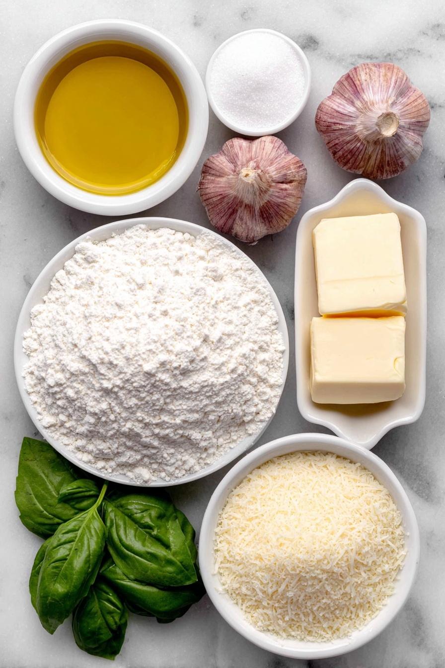 Flat lay of two small piles of fine white bread flour, a small mound of golden instant yeast granules, a few white granulated sugar crystals, a pinch of coarse sea salt, a small heap of pale yellow garlic powder, a small white bowl filled with rich golden olive oil, a small white bowl with warm clear water, a small white ceramic dish holding a few tablespoons of creamy salted butter, three whole uncracked brown garlic cloves, a few fresh bright green basil leaves loosely arranged, and a small white bowl with finely grated pale parmesan cheese, all arranged in perfect symmetry on a clean white marble surface, soft natural light, photo taken with an iPhone, professional food photography style, fresh ingredients, white ceramic bowls, no bottles, no duplicates, no utensils, no packaging --ar 2:3 --v 7 --p m7354615311229779997 - Garlic Knots, Homemade Garlic Knots, Easy Garlic Knots Recipe, Chewy Garlic Bread, Pull-apart Garlic Knots