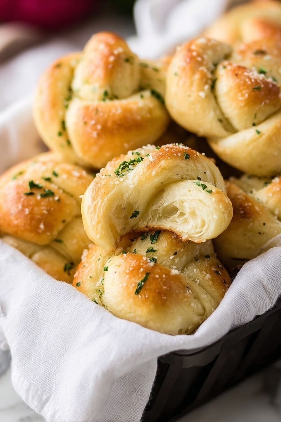 The image shows a close-up of soft, golden-brown garlic knots piled in a white cloth inside a dark rectangular basket. The knots have a light, fluffy texture with a clear twist shape on each one. Some knots are sprinkled with finely chopped green herbs and a light dusting of grated cheese. The focus is on two knots in the foreground, one slightly torn open to reveal the soft white inside. The background is blurred but hints at a white marbled surface beneath the basket. Photo taken with an iphone --ar 2:3 --v 7 - Garlic Knots, Homemade Garlic Knots, Easy Garlic Knots Recipe, Chewy Garlic Bread, Pull-apart Garlic Knots