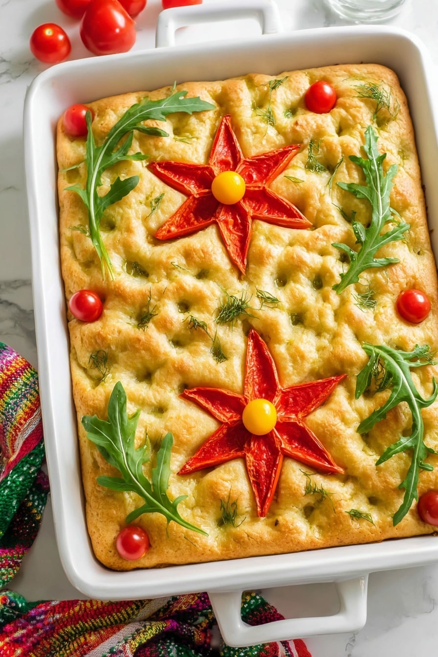 A golden baked focaccia bread with a slightly uneven, puffy surface in a white rectangular baking dish, decorated on top with two red pepper flowers each having eight pointed petals arranged in a star shape, with a small yellow cherry tomato at the center of each flower. Green arugula leaves fan out from the flowers, adding a touch of fresh green around them, and there are whole red cherry tomatoes placed near the edges. The setting is a white marbled surface with a colorful cloth partially visible at the corner. Photo taken with an iphone --ar 2:3 --v 7 - Poinsettia Focaccia Bread with Bell Peppers, festive focaccia bread recipe, holiday bread ideas, easy holiday bread, colorful baked bread for Christmas