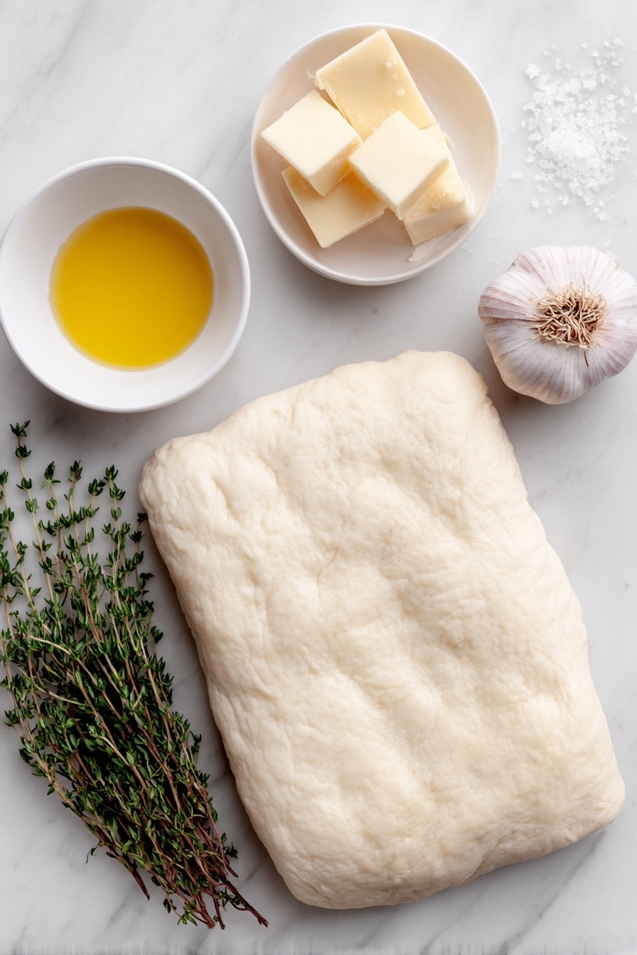Flat lay of a rectangular sheet of fresh puff pastry dough, a small white ceramic bowl with melted golden butter, one whole tender garlic bulb with smooth skin, a small white ceramic bowl containing fresh green thyme sprigs, a few flakes of coarse salt scattered neatly, and a wedge of aged cheddar cheese with a natural rind, all arranged in perfect symmetry, placed on a clean white marble surface, soft natural light, photo taken with an iPhone, professional food photography style, fresh ingredients, white ceramic bowls, no bottles, no duplicates, no utensils, no packaging --ar 2:3 --v 7 --p m7354615311229779997 - Garlic Puff Pastry Pinwheels, garlic pastry appetizer, cheesy puff pastry bites, easy garlic pinwheels, flaky savory snacks