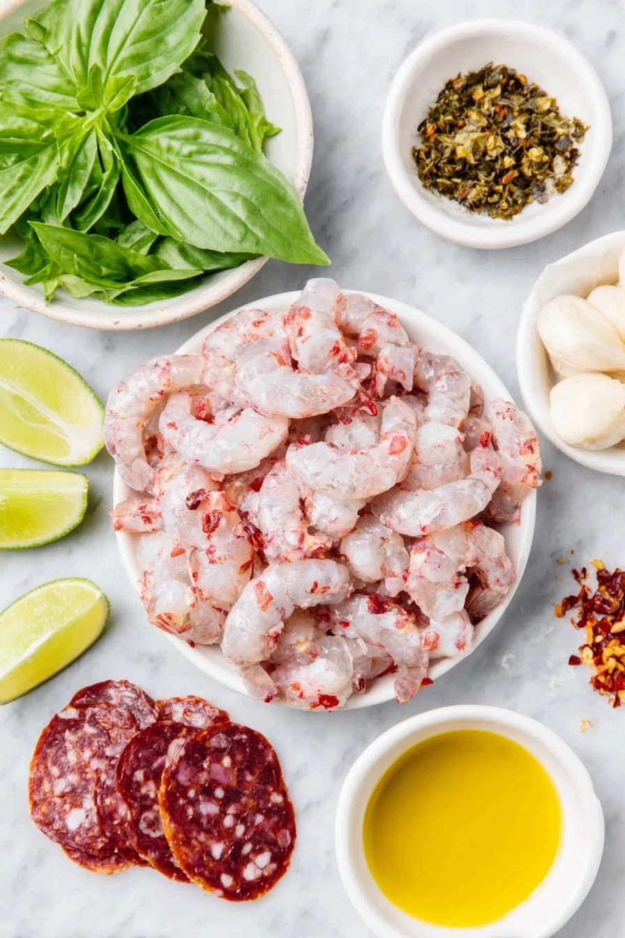 Flat lay of peeled and deveined raw shrimp with tails removed arranged neatly, several thin slices of bright red Spanish chorizo sausage, a small white ceramic bowl filled with vibrant green fresh basil leaves, another white bowl with fresh cilantro leaves, six whole uncracked garlic cloves, a small white bowl containing freshly squeezed lime juice with a few lime zest strands visible, a small white bowl filled with golden olive oil, a few whole dried red pepper flakes scattered beside a tiny pile of coarse kosher salt and ground black pepper, and two fresh lime wedges placed symmetrically, all ingredients placed on a clean white marble surface, soft natural light, photo taken with an iPhone, professional food photography style, fresh ingredients, white ceramic bowls, no bottles, no duplicates, no utensils, no packaging --ar 2:3 --v 7 --p m7354615311229779997 - Herb Grilled Shrimp and Chorizo Skewers, grilled shrimp and chorizo skewers, summer seafood and sausage recipes, easy BBQ skewers, flavorful shrimp and chorizo dish
