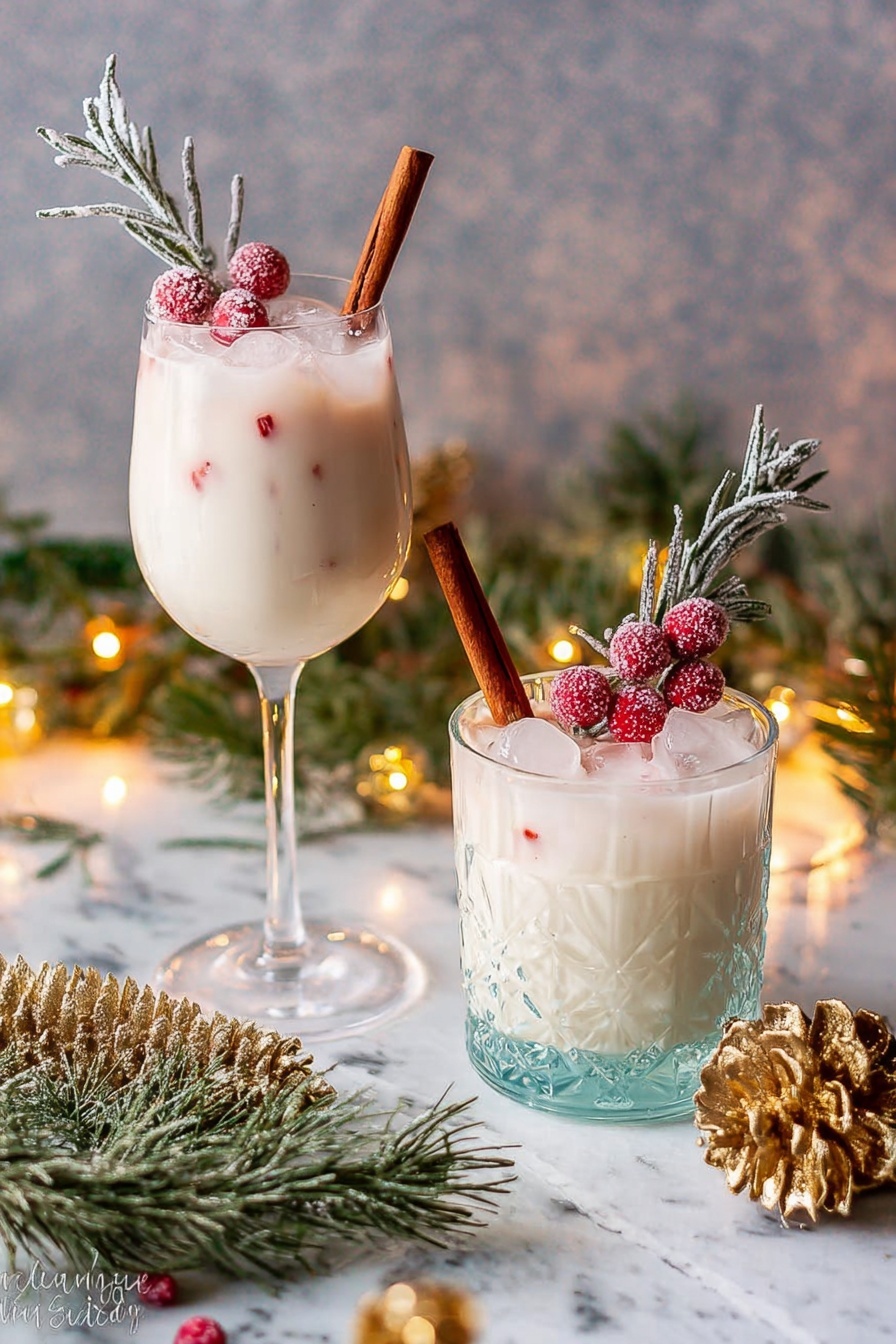 Two glasses filled with a white creamy drink topped with clear ice cubes are set on a white marbled surface. Each drink is decorated with a red cinnamon stick, a small bunch of frosted red cranberries, and a sprig of green rosemary frosted with white. The glass on the left is tall with a long stem, while the glass on the right is shorter and wider with a textured pattern. Around the drinks are green pine branches, a brown pinecone, golden dried plants, and soft yellow fairy lights glowing softly in the background. photo taken with an iphone --ar 2:3 --v 7 - Venezuelan Ponche Crema Eggnog, Venezuelan Eggnog, Holiday Eggnog Recipe, Traditional Venezuelan Drink, Festive Creamy Eggnog