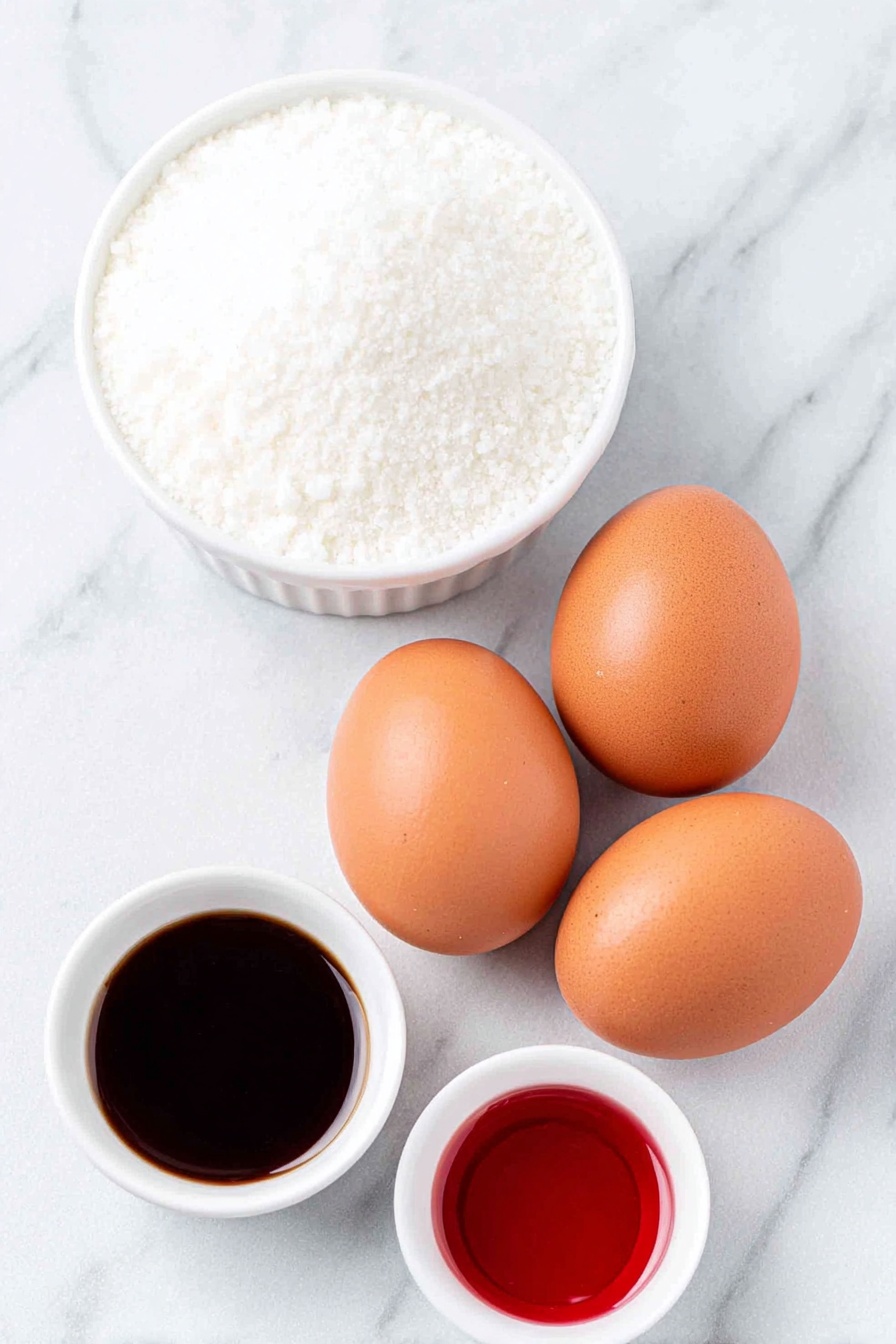 Flat lay of three whole large brown eggs with clean shells, a small white ceramic bowl filled with granulated white sugar, a small white ceramic bowl containing clear peppermint extract, and a small white ceramic bowl holding vivid red gel-paste food coloring, all arranged symmetrically and balanced on a clean white marble surface, soft natural light, photo taken with an iPhone, professional food photography style, fresh ingredients, white ceramic bowls, no bottles, no duplicates, no utensils, no packaging --ar 2:3 --v 7 --p m7354615311229779997 - Minty Peppermint Meringues, holiday meringue desserts, peppermint cookies, festive peppermint treats, easy peppermint meringues
